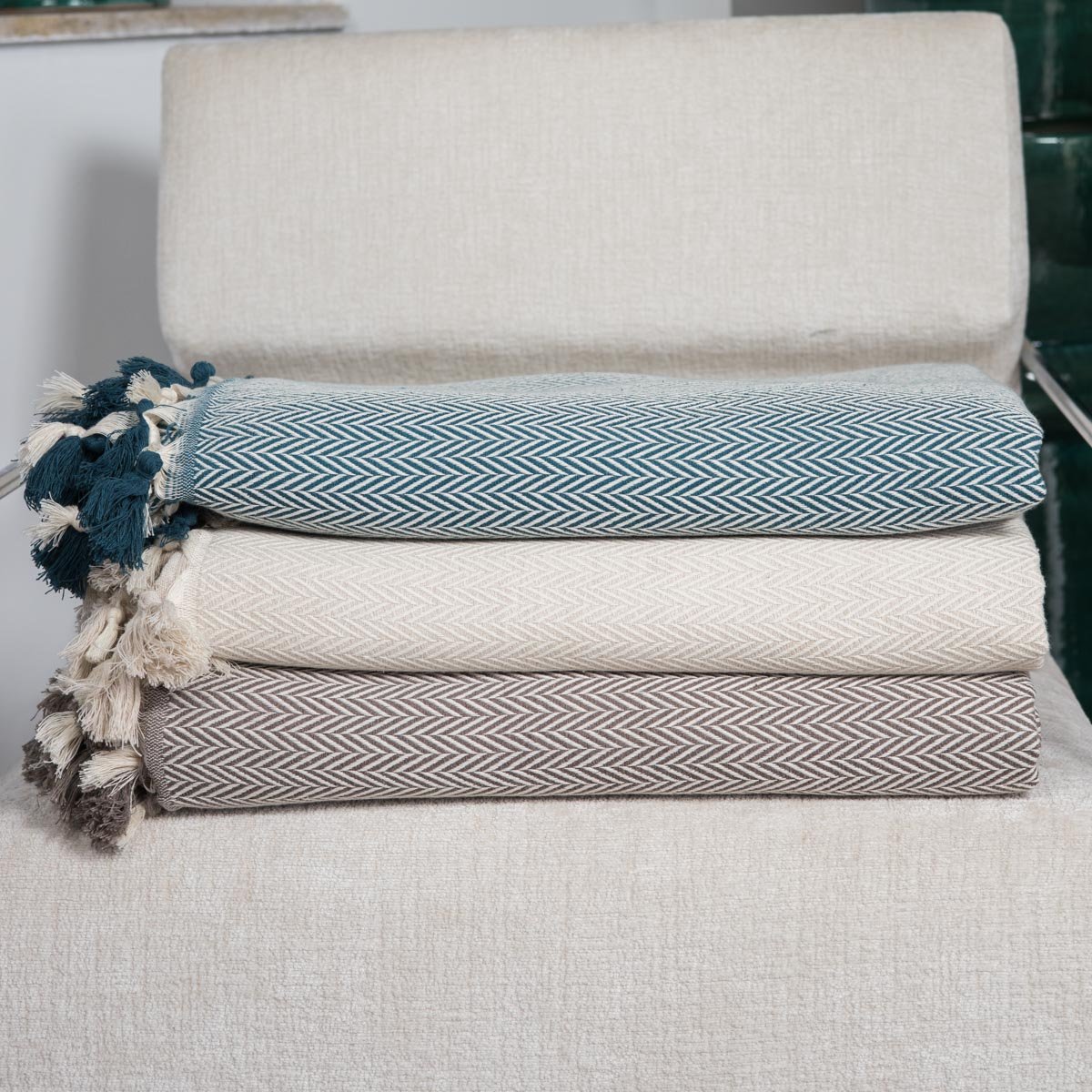 Plaid coton MEGEVE bleu pétrole, FEBRONIE