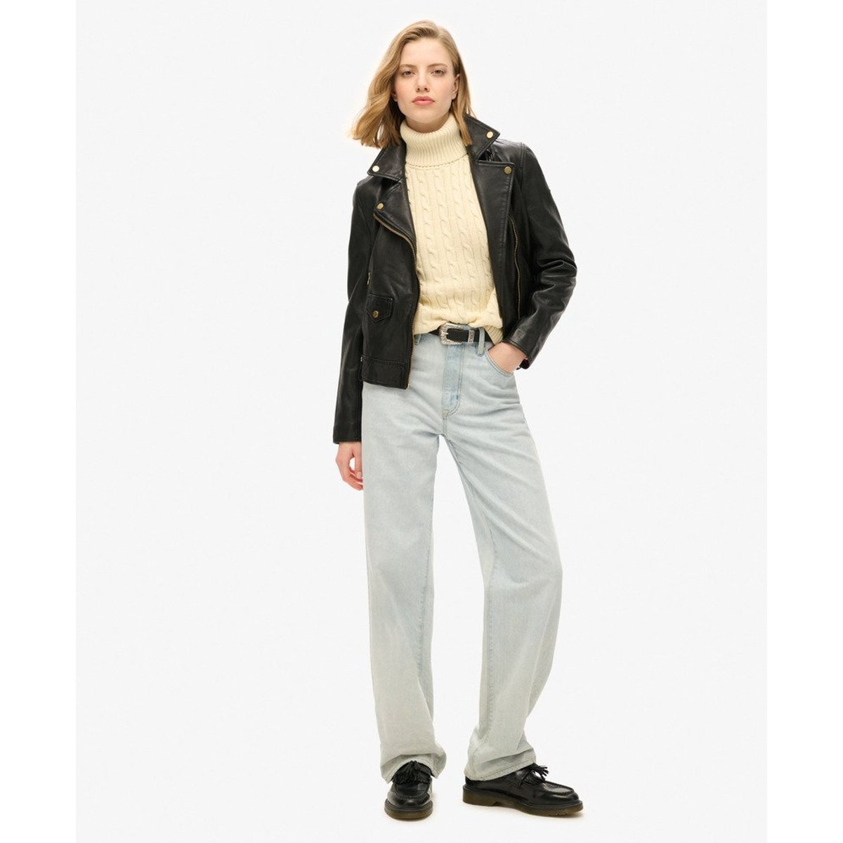 Pull à col roulé en maille torsadée décontracté blanc naturel, SUPERDRY