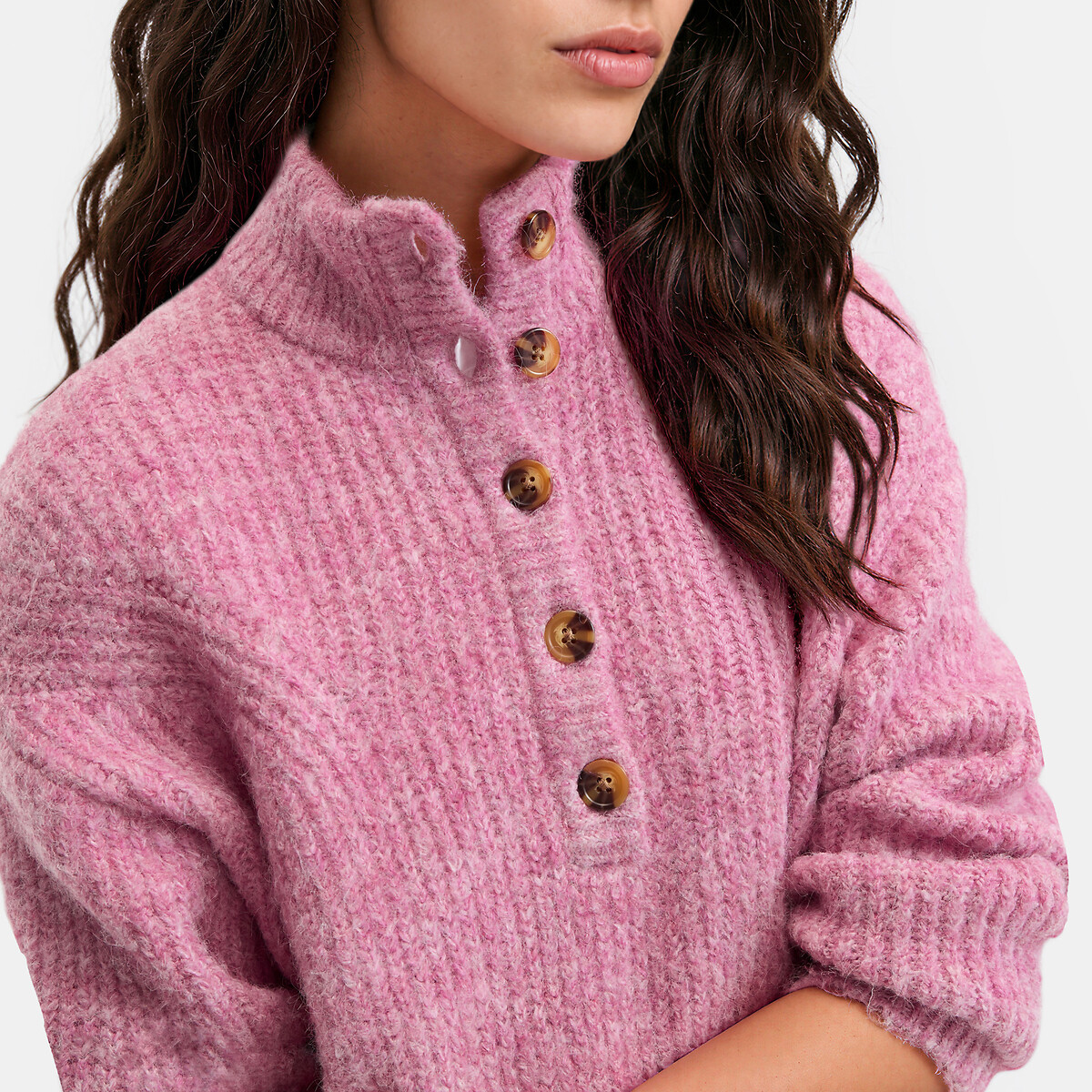 Maglione con collo alto abbottonato rosa chiaro, LA REDOUTE COLLECTIONS