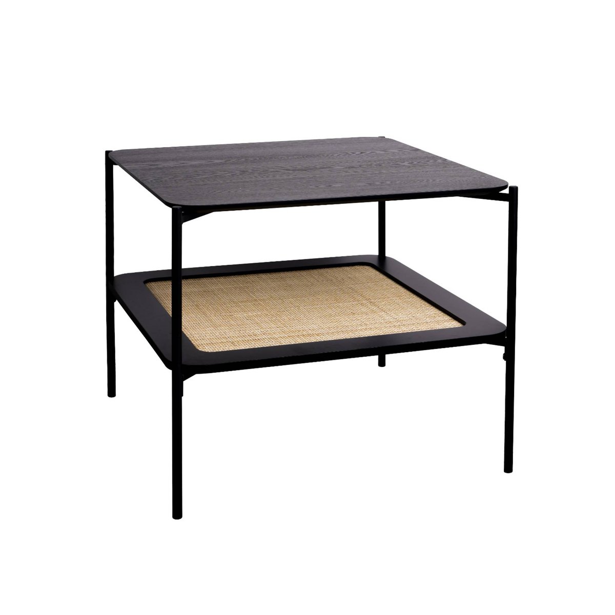 Table basse carrée décor bois et cannage double plateau MANADO noir, SWEEEK