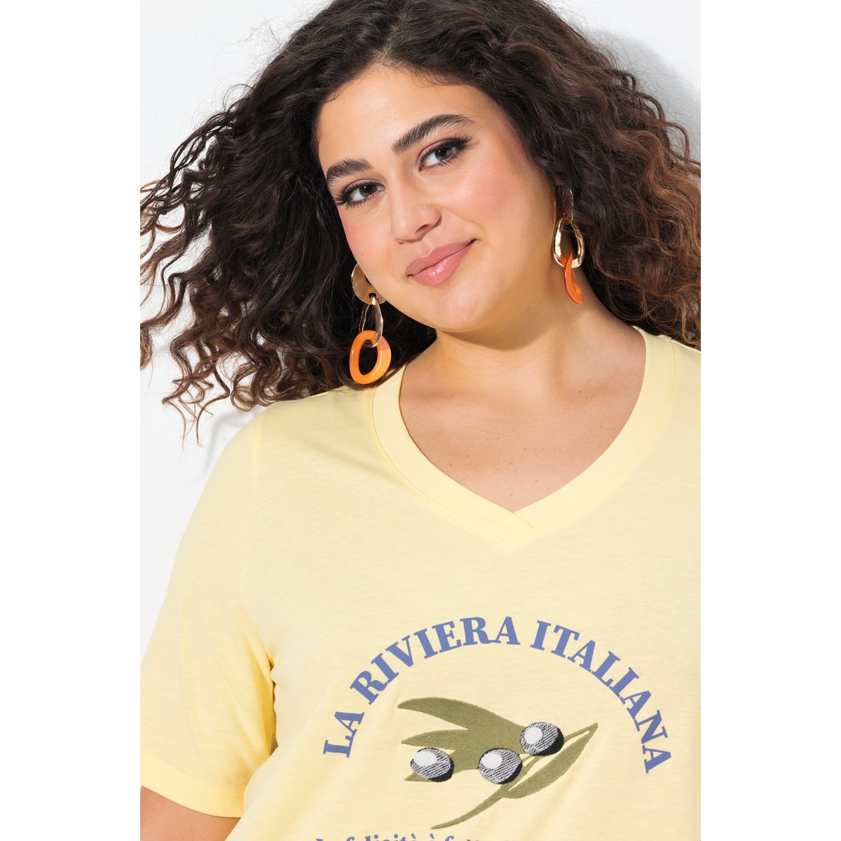 T-shirt brodé. Manches courtes sorbet jaune, ULLA POPKEN