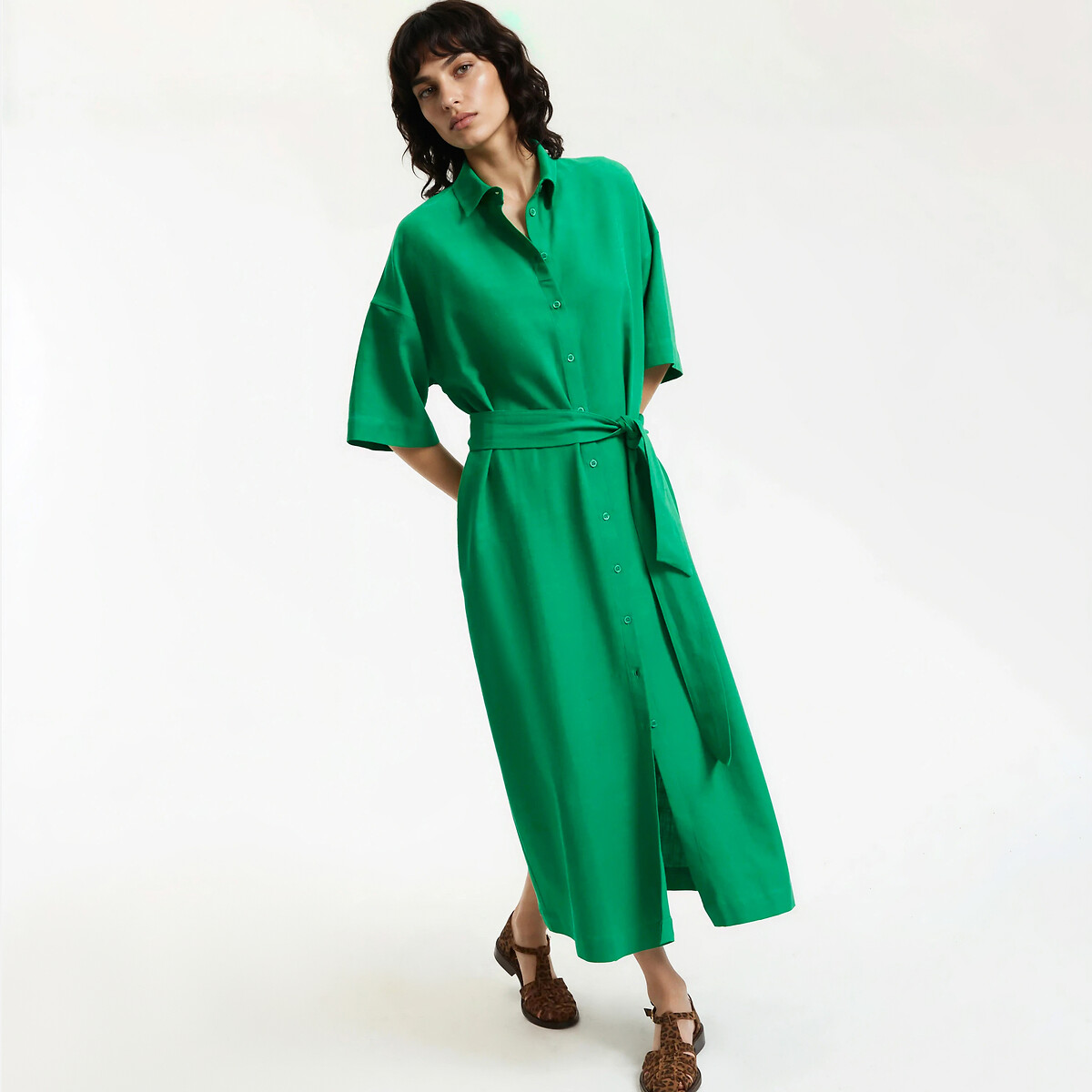 Robe chemise longue manches coudes ceinturée vert, LA REDOUTE COLLECTIONS
