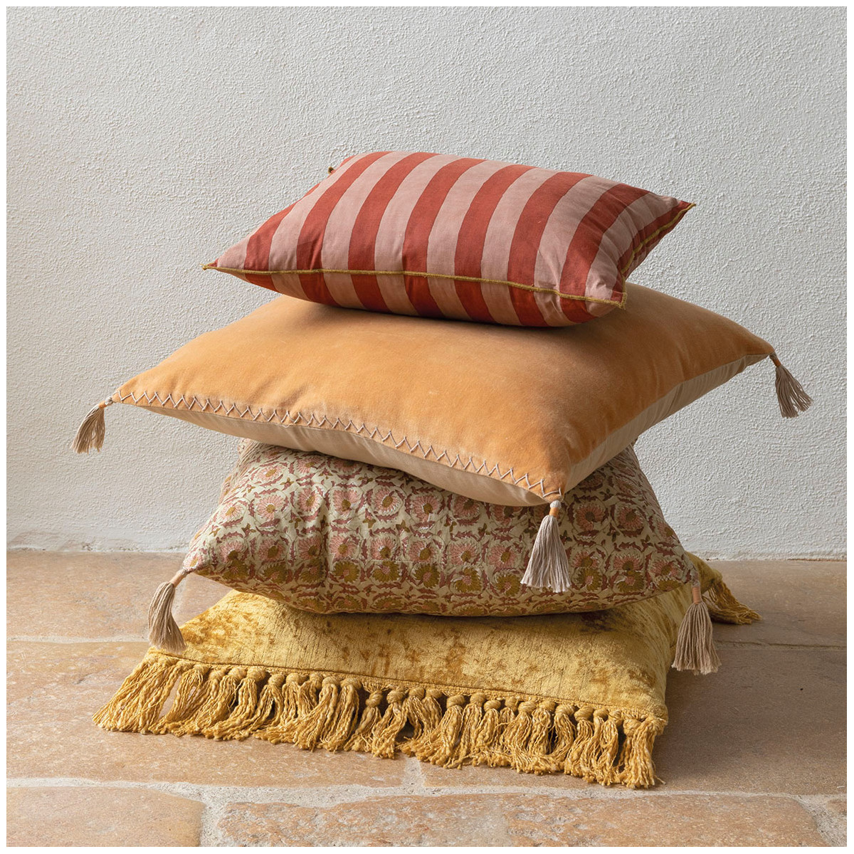 Housse de coussin MATTÉO velours de coton abricot, BLANC D’IVOIRE