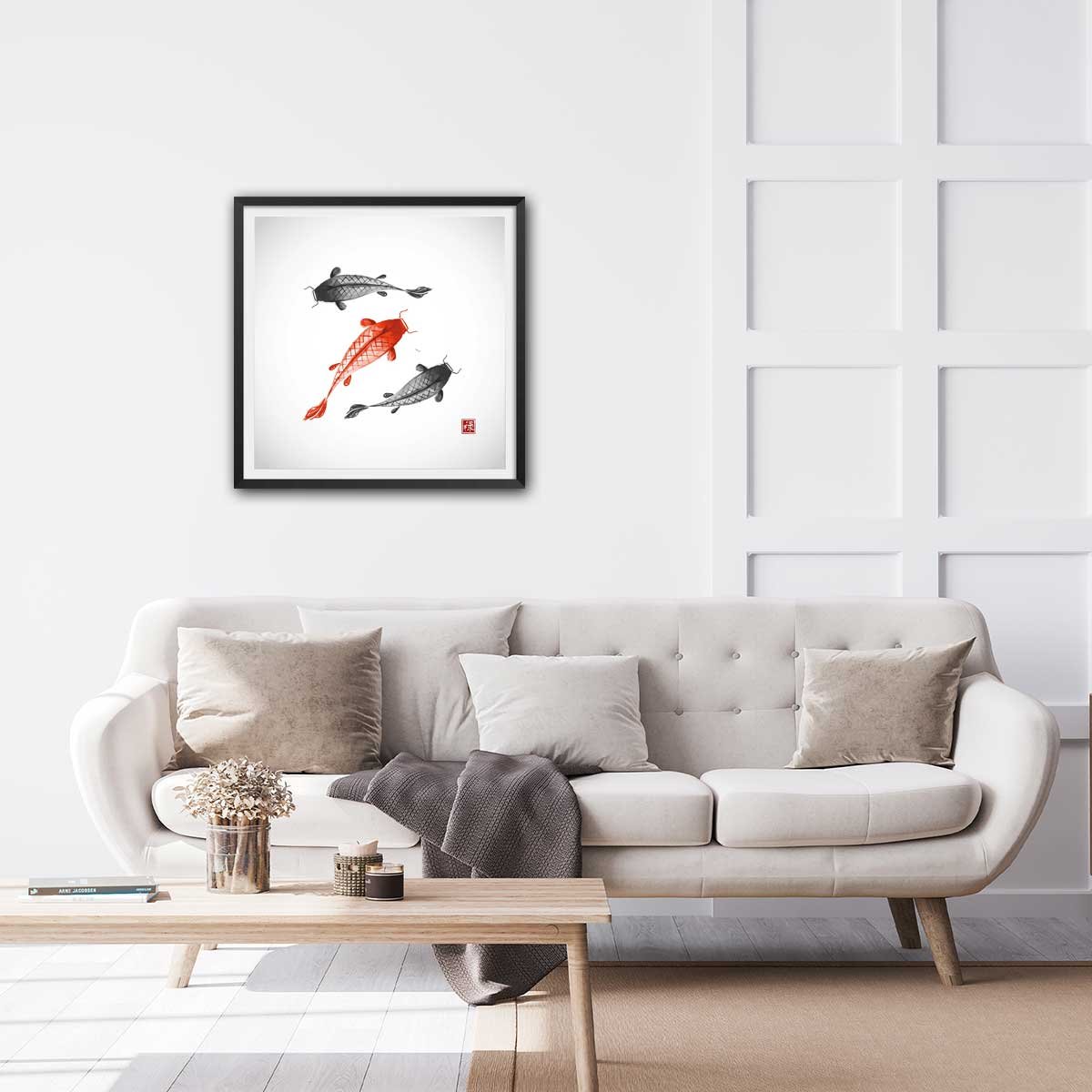 Affiche dessin carpes koï affiche + cadre en bois - noir, HEXOA