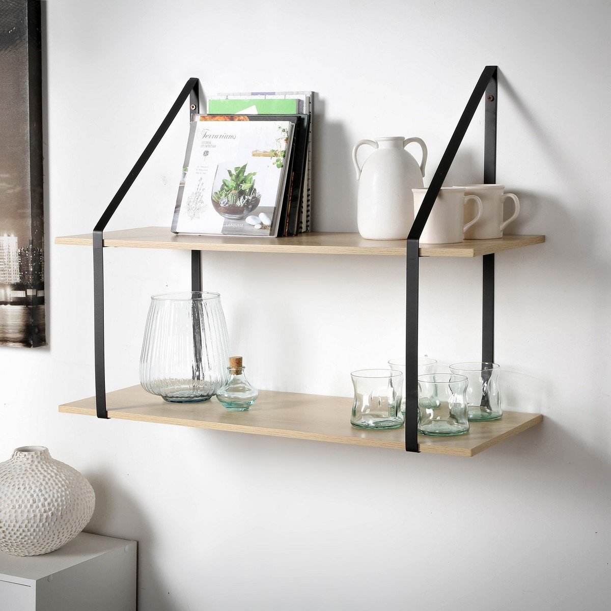 Etagère murale grande profondeur à 2 niveaux - L80 x P30cm bois clair, CALICOSY