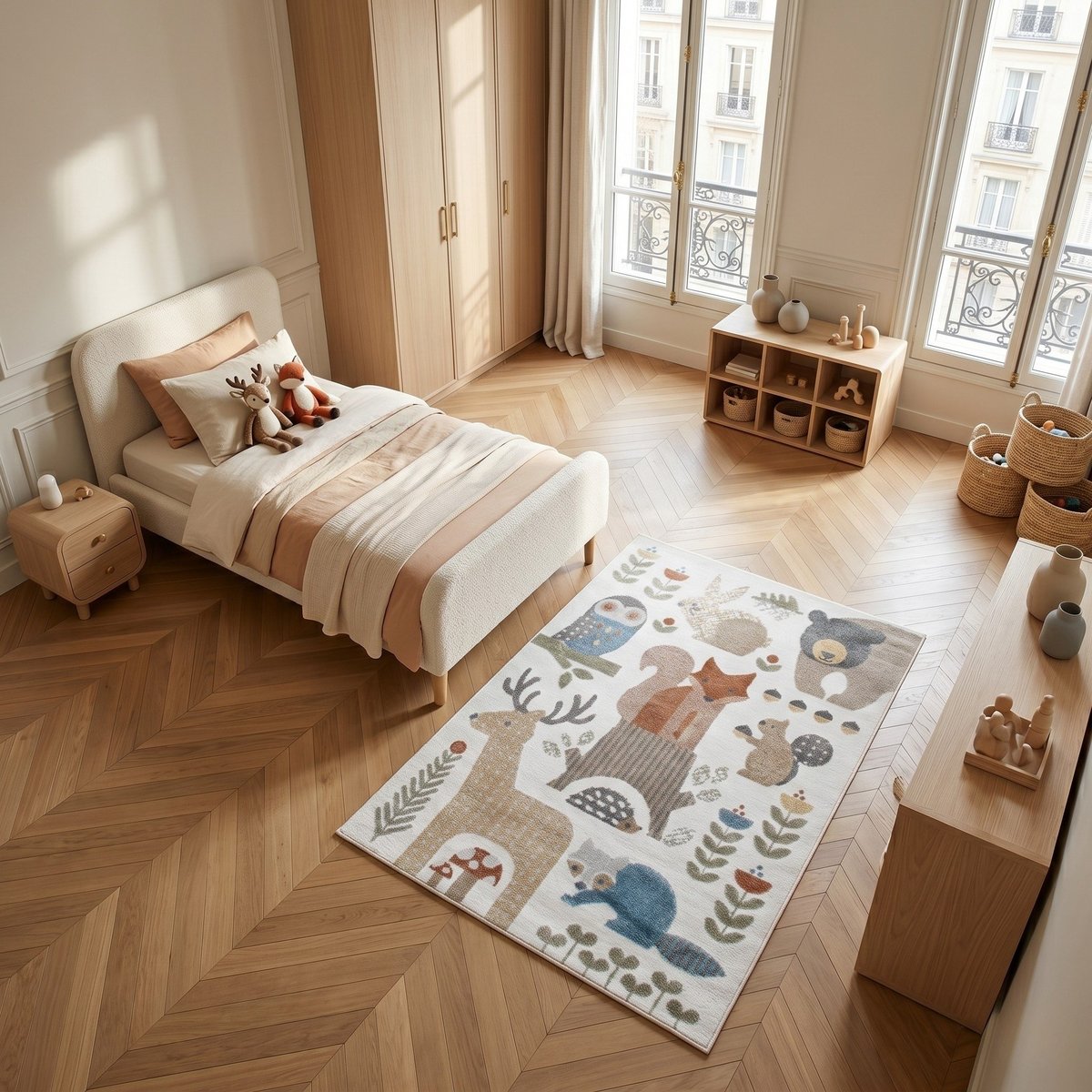 Tapis enfant lavable motif forêt   TABLO FORET gris, jaune, forêt, THE DECO FACTORY
