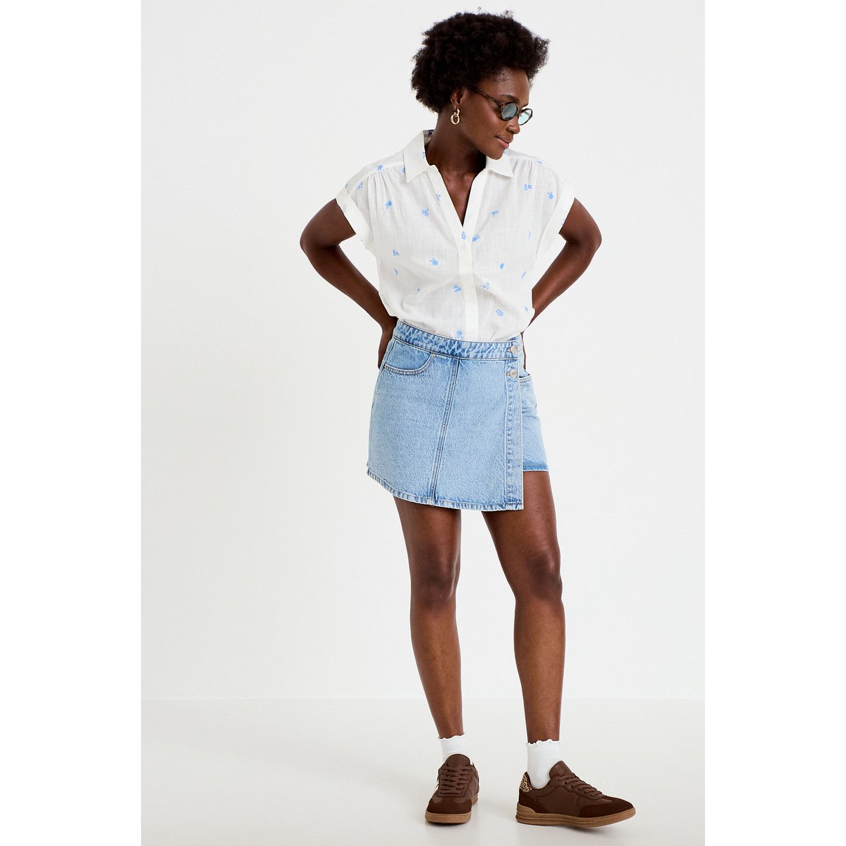 Jupe-short trapèze en jean denim triple stone, CACHE CACHE