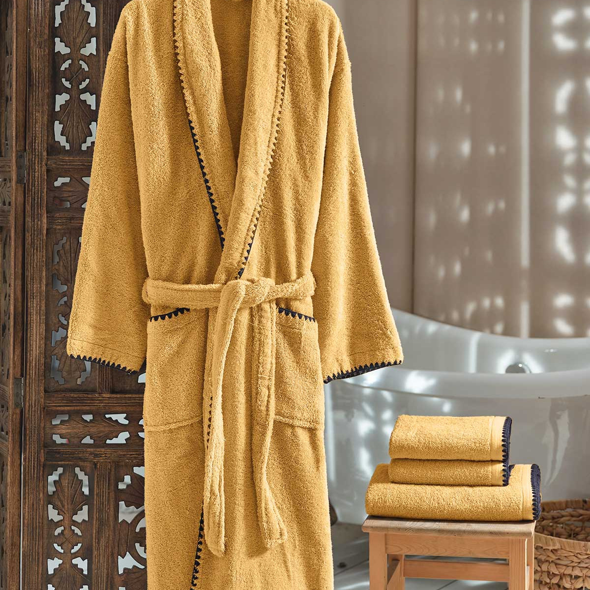 Peignoir mixte col châle point cavalier 400 g/m² CASA BORGO caramel, SENSEI MAISON