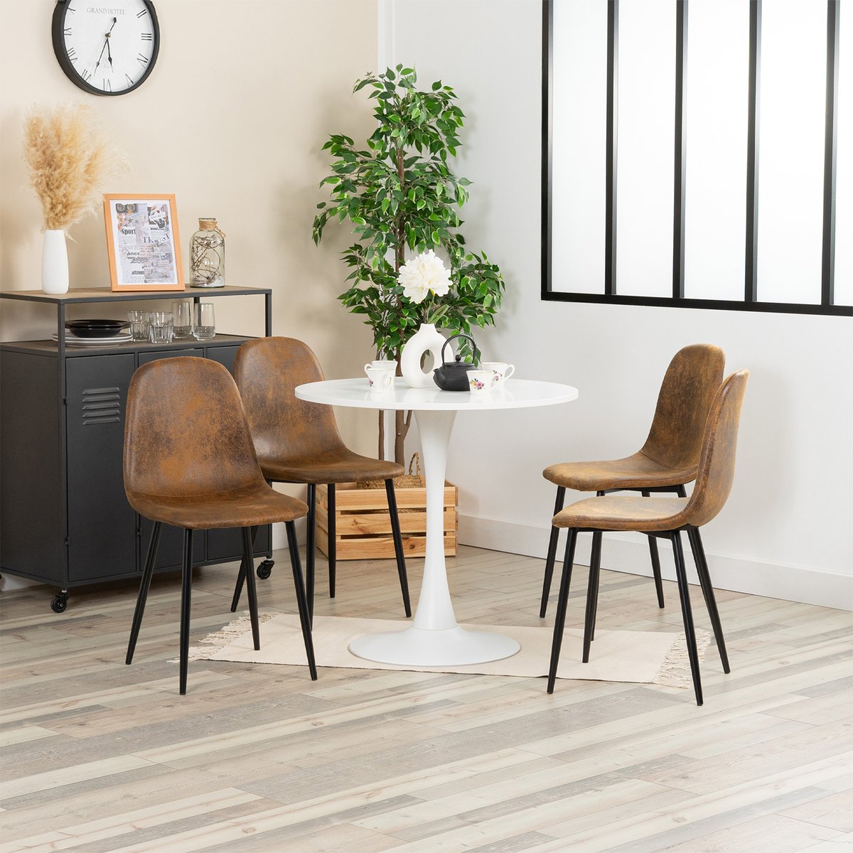Ensemble table à manger ronde avec 4 chaises, CLIFTWHITESET white brown, MEUBLES COSY