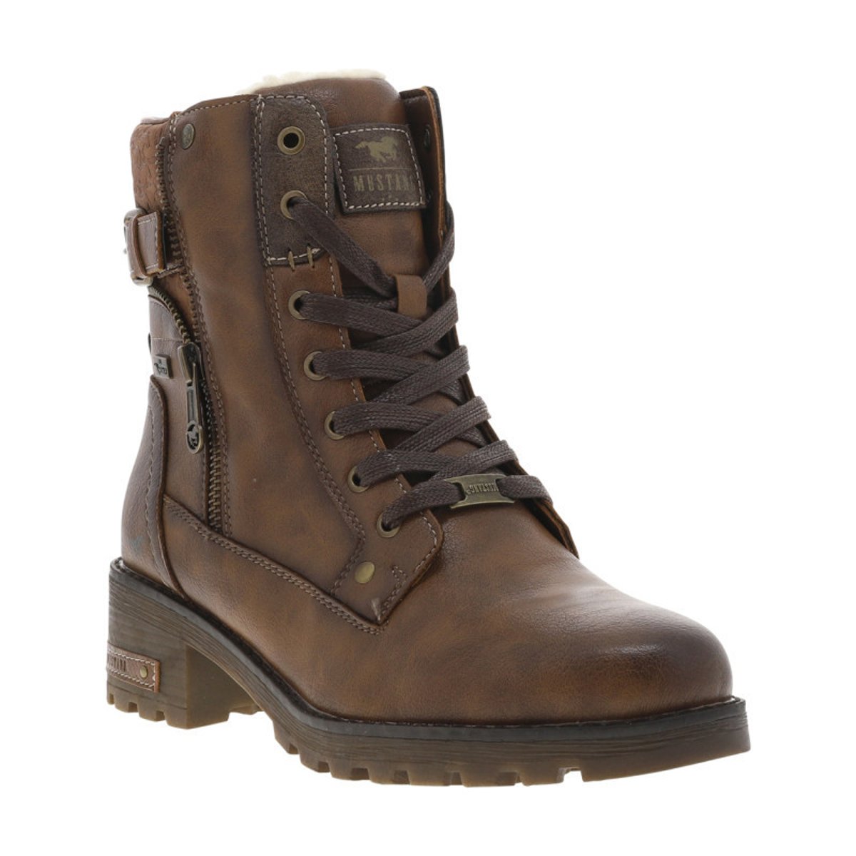 Bottines taupe à talon décroché bas avec des lacets plats et un zip marron, MUSTANG