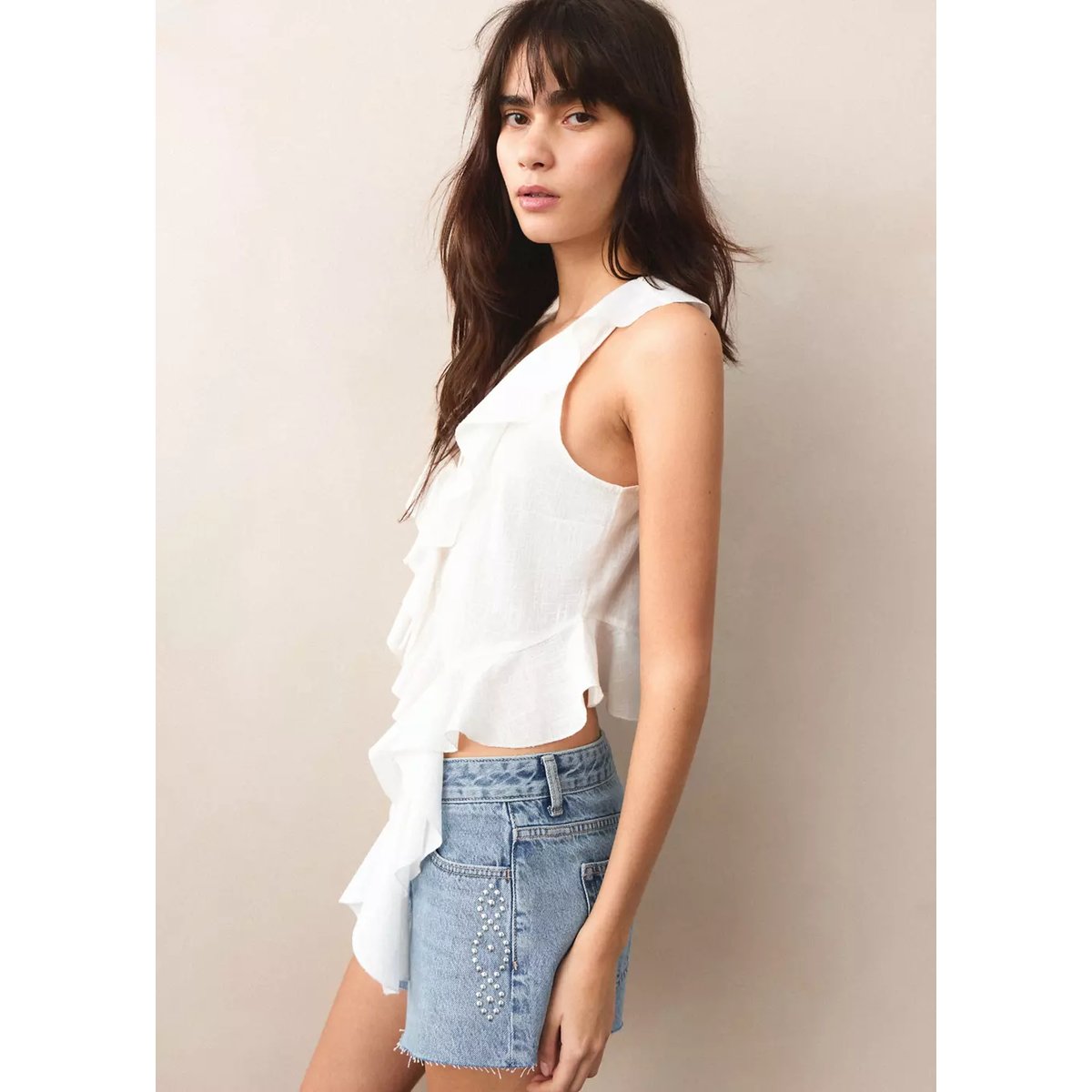 Short taille haute clouté bleu moyen, MANGO TEEN