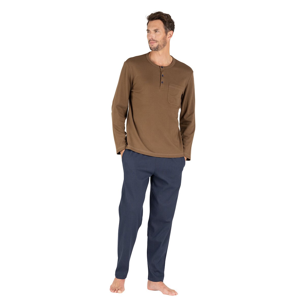 Pyjama en interlock, pantalon rayé marron/bleu marine, EMINENCE