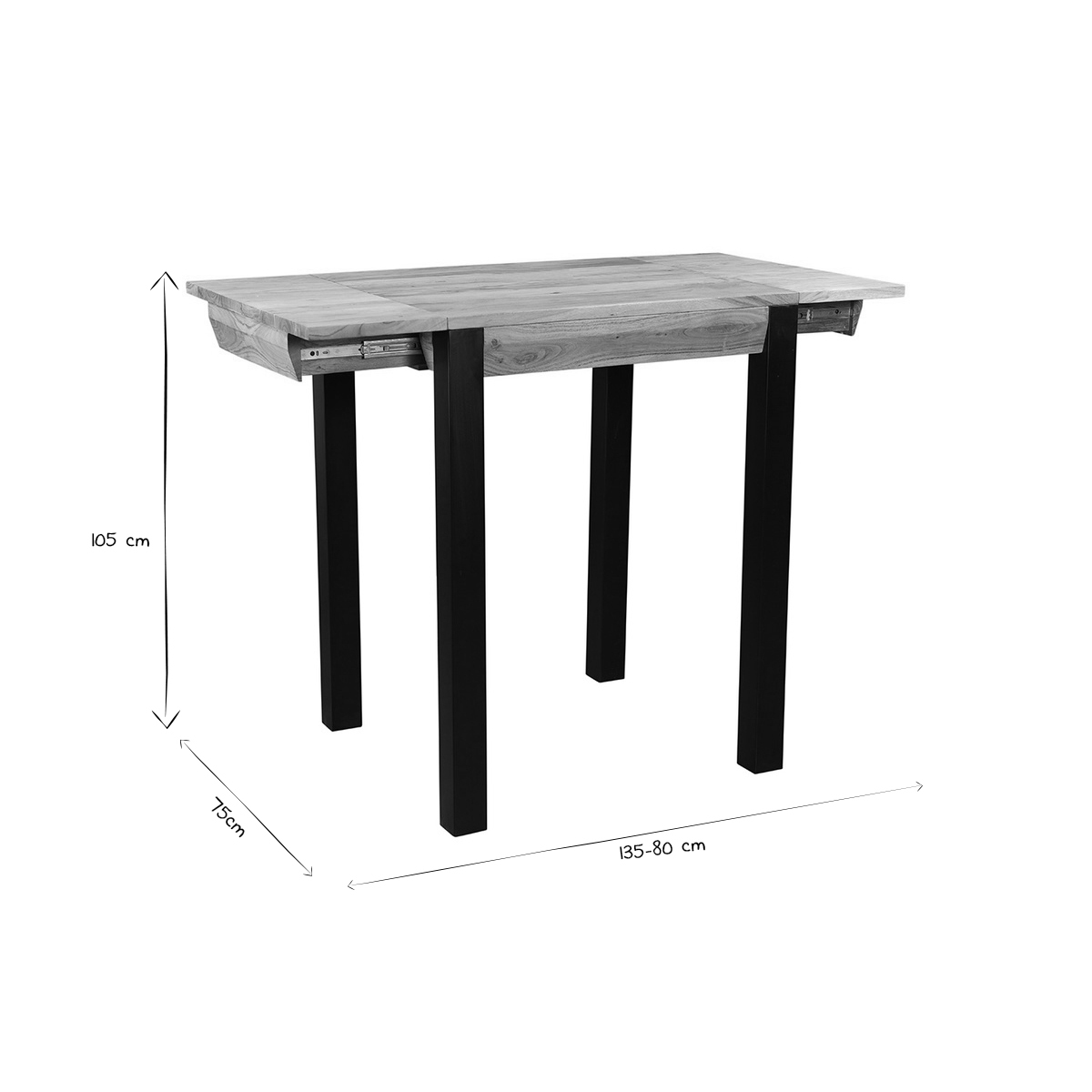 Table de bar extensible en bois massif et métal L80-135 cm TRAP naturel, MILIBOO