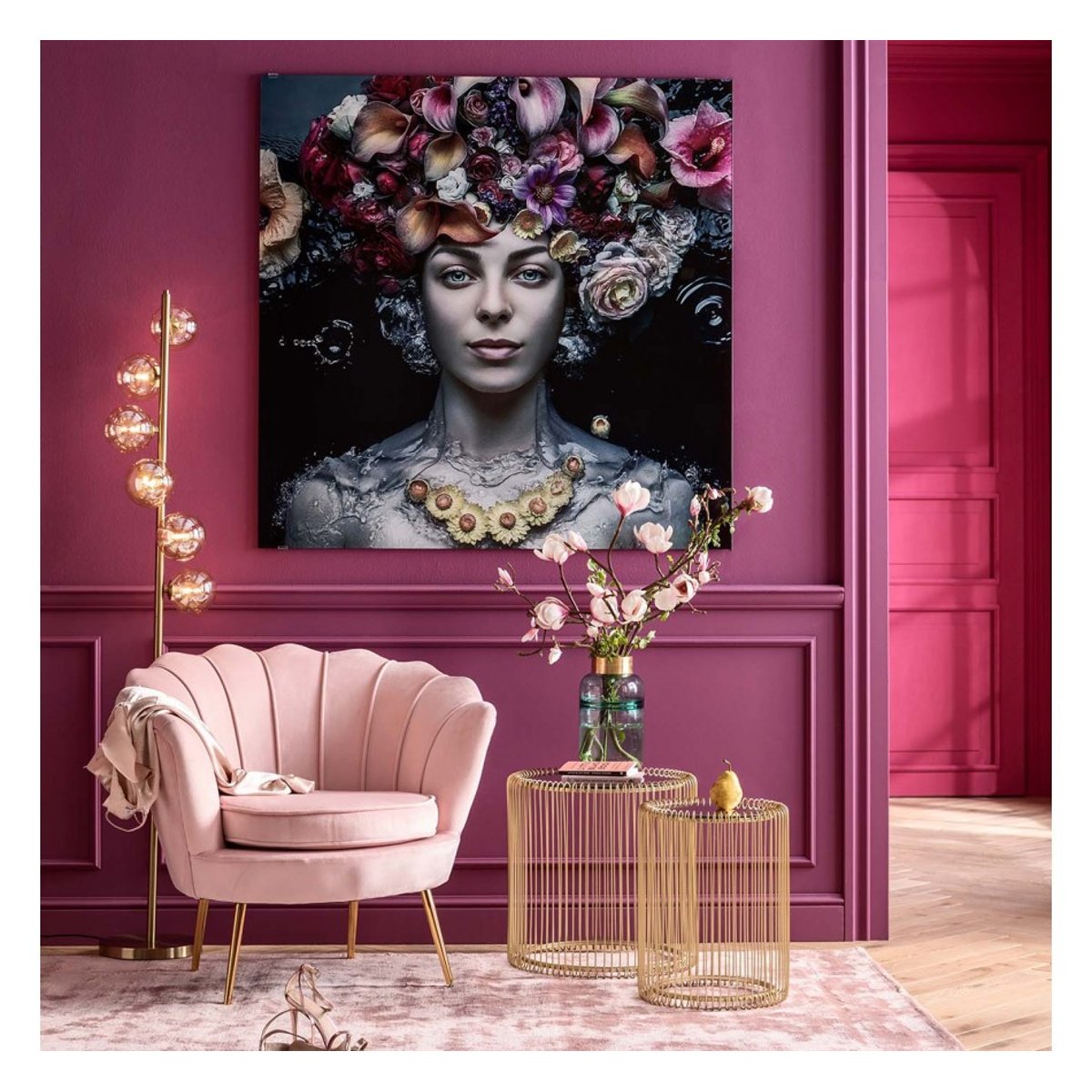 Tableau en verre femme fleurs multicolore, KARE DESIGN
