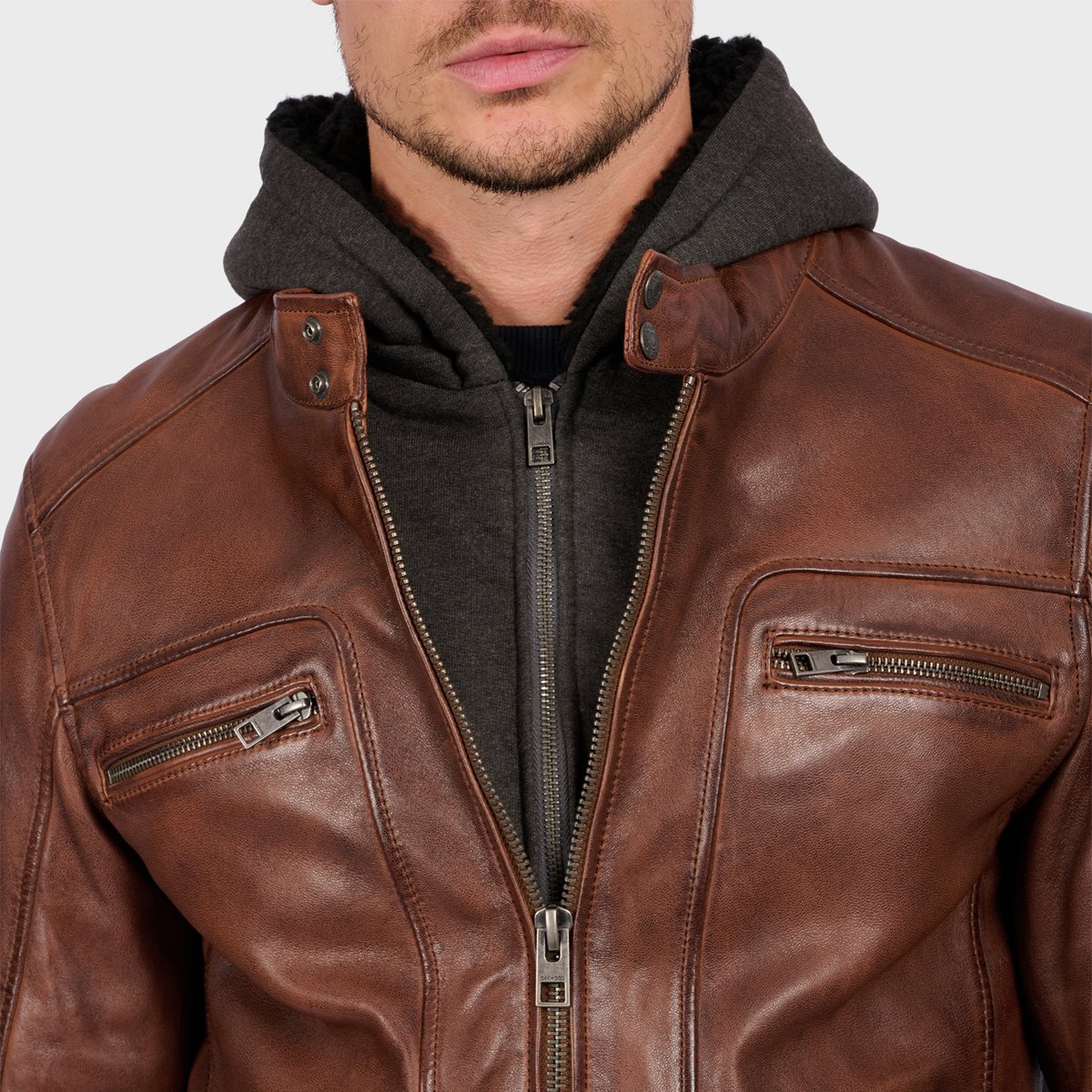 Veste en cuir à manches longues et col mao DRINK cognac, OAKWOOD