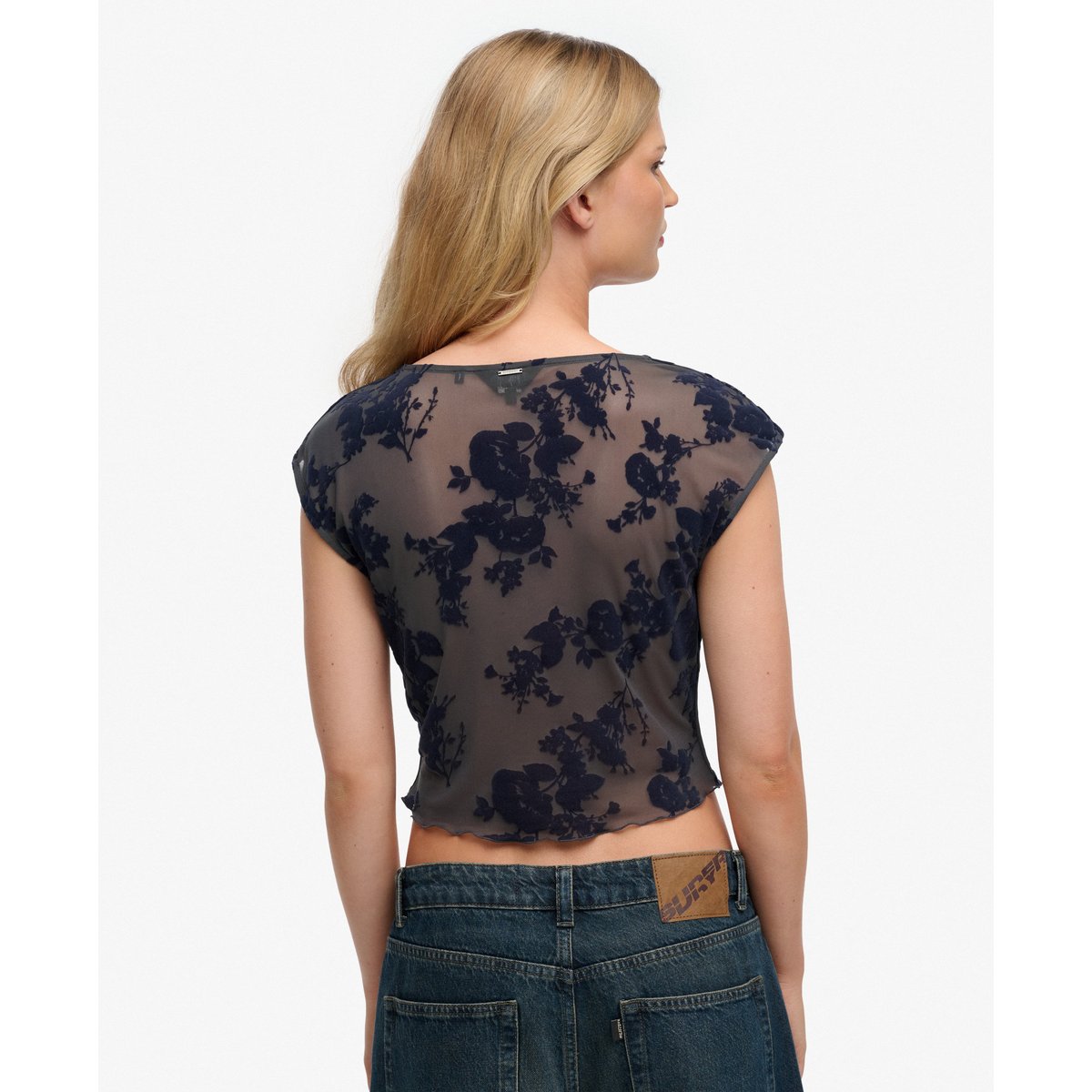 Top à manches courtes en mesh floqué bleu minuit, SUPERDRY