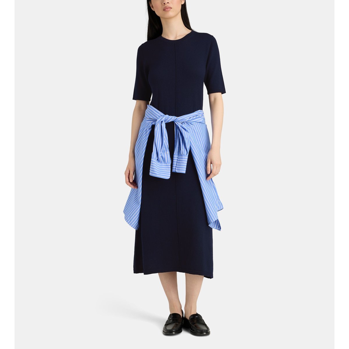 Robe pull droite mi longue otiare en laine mérinos bleu marine, JODHPUR