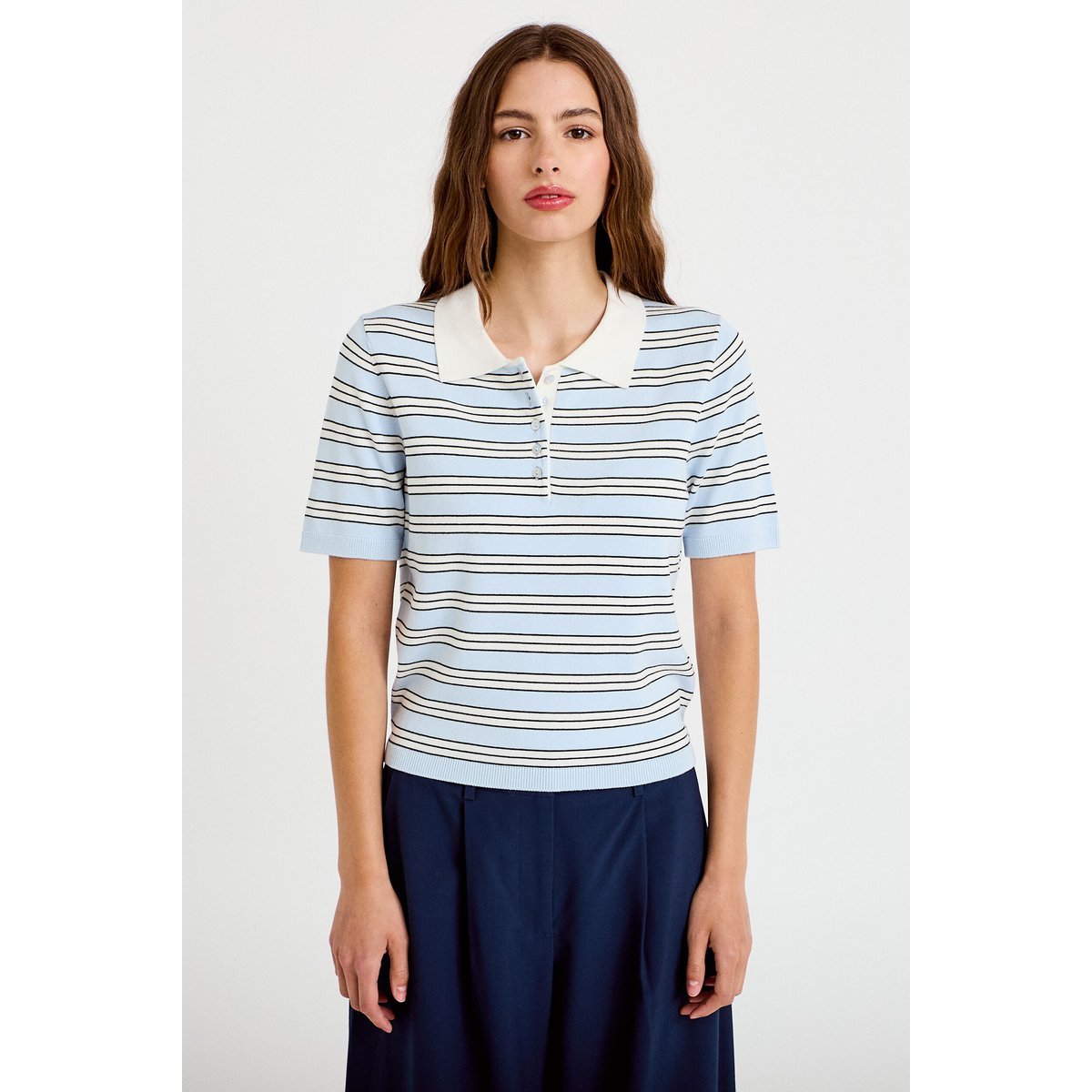 Polo manches courtes col chemise bleu, CACHE CACHE