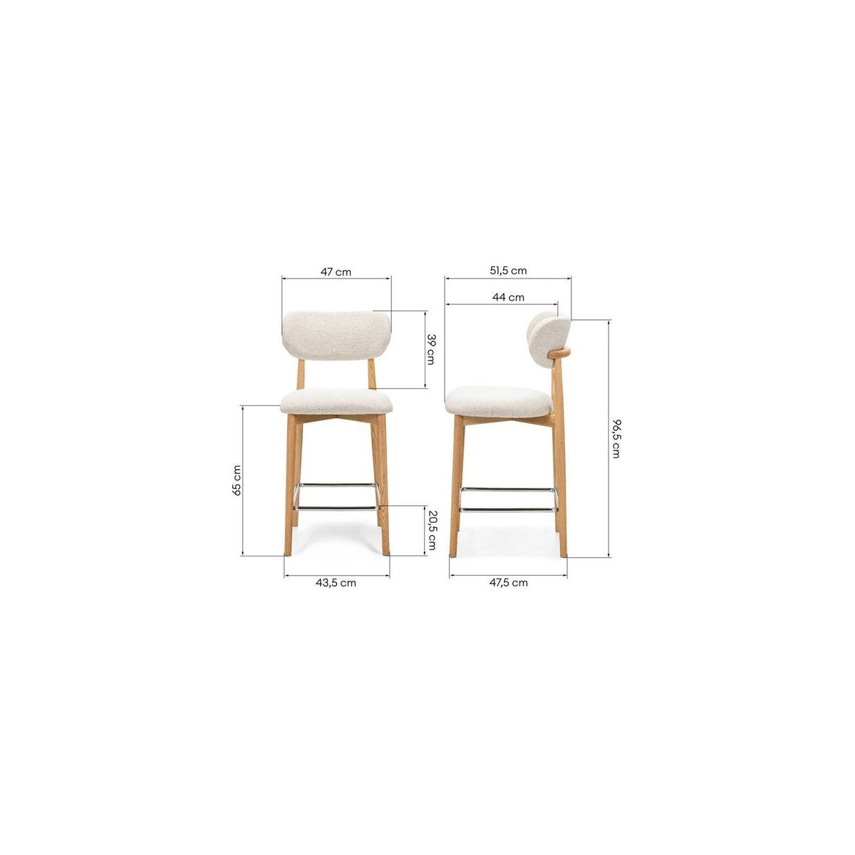 Tabouret de bar en chêne collection MIA crème chêne clair et chrome, RECOLLECTION