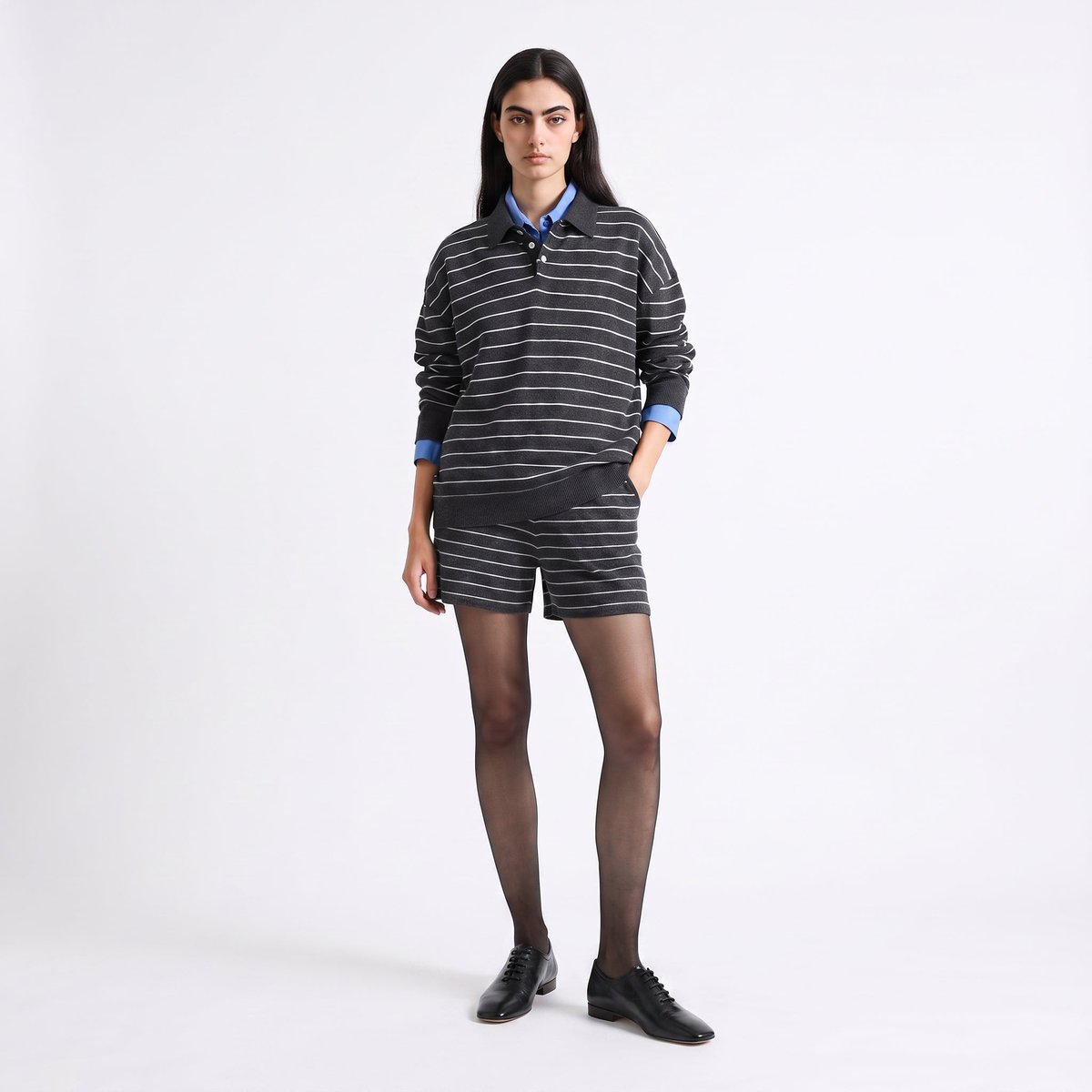 Short femme maille rayé taille élastiquée coupe ample AMENA gray, ARTLOVE
