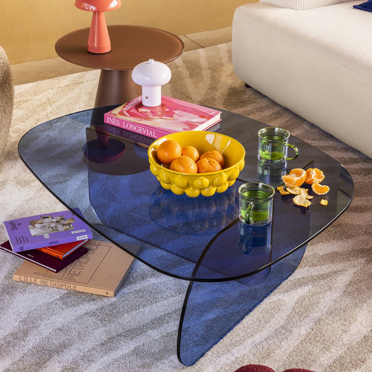 Table basse organique en verre L100cm- TILA bleu, DRAWER