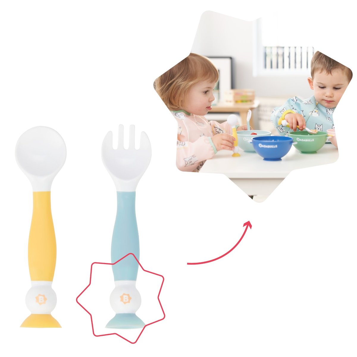 Couverts bébé ergonomiques pour l’apprentissage blanc, BADABULLE