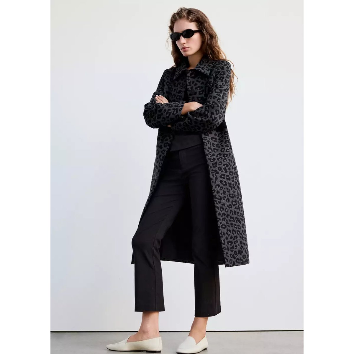 Manteau long léopard gris, MANGO
