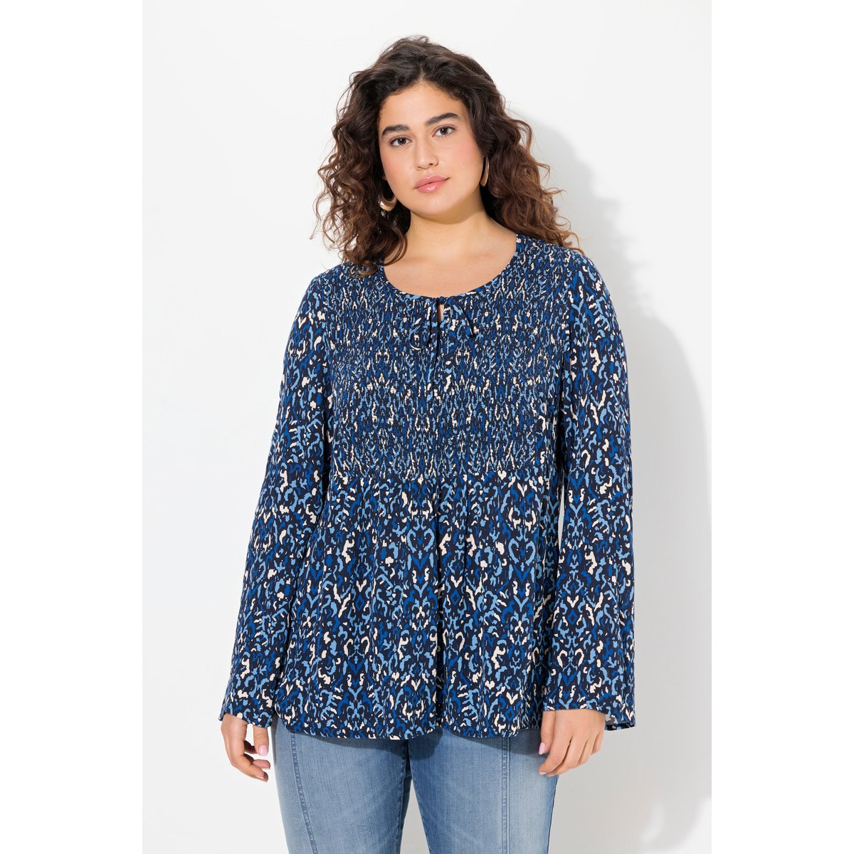Blouse smockée, décolleté rond marine, ULLA POPKEN