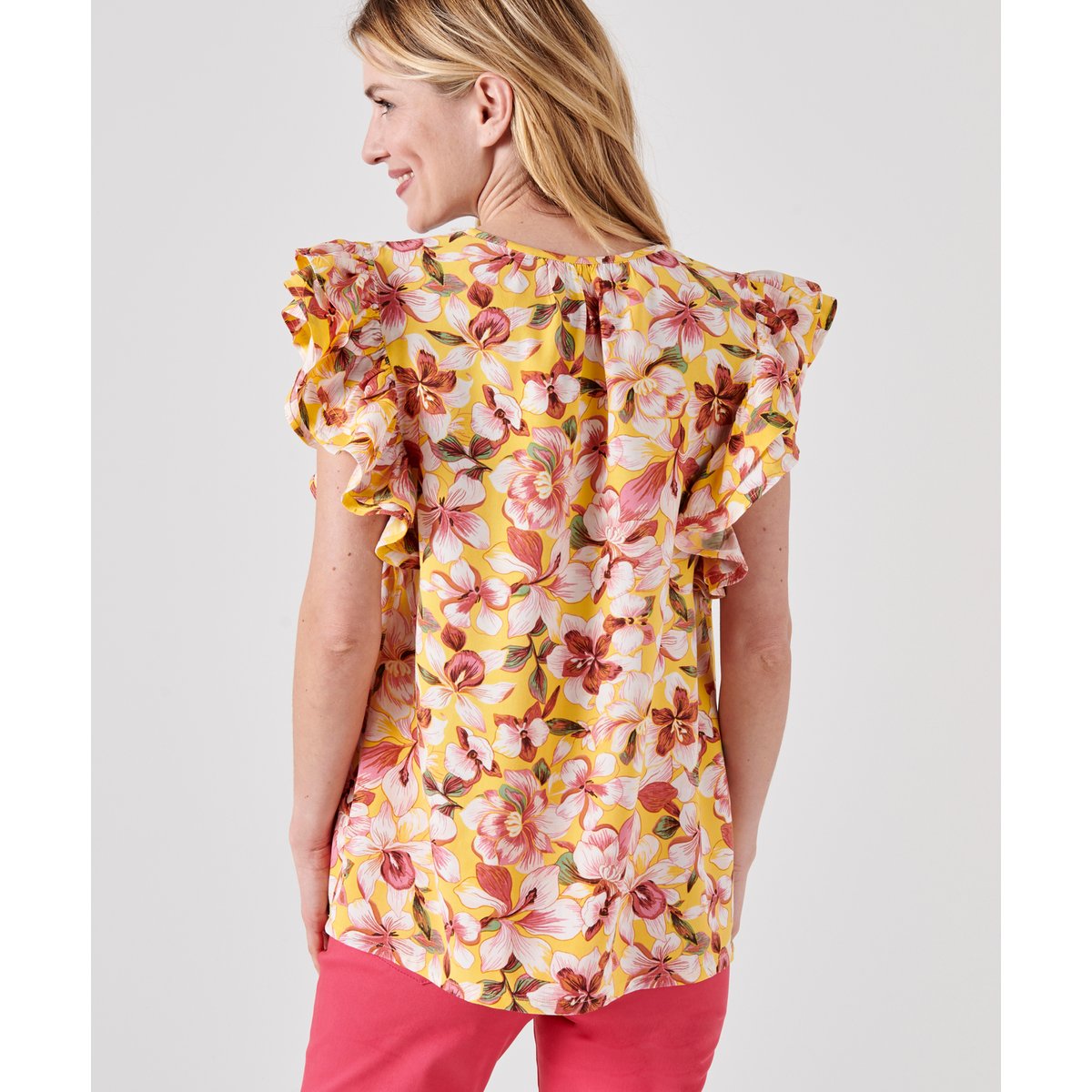 Blouse fleurie à volants jaune fleuri, DAMART