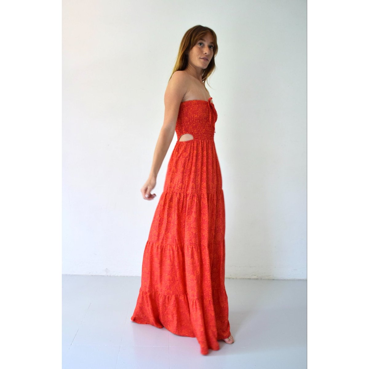 Robe longue bustier marguerites CASIOPEA orange / fuchsia, MINDTRAVELER