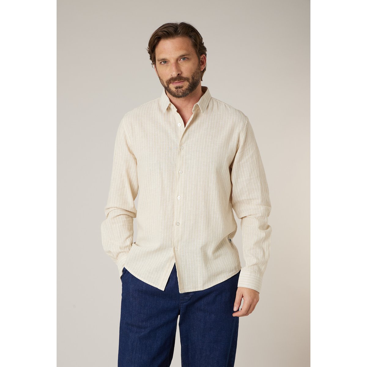 Chemise manches longues homme en lin à légères rayures MYERS light beige, DEELUXE