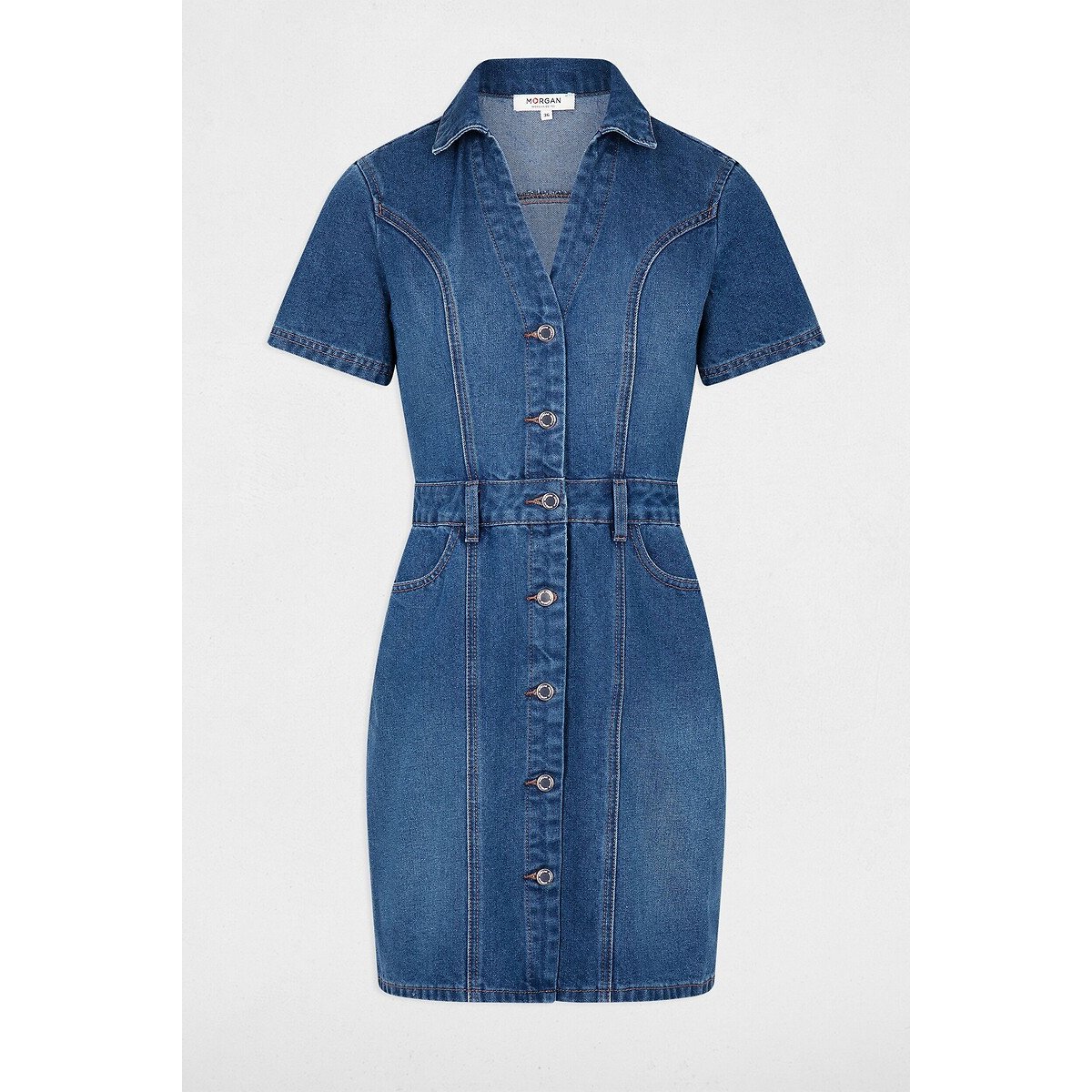 Robe courte en jean col V bleu stone, MORGAN