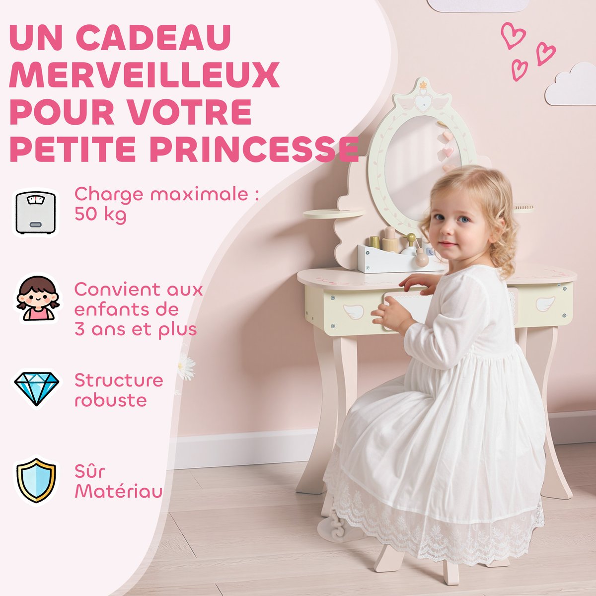 Ensemble de jeu « Coiffeuse pour enfants » rose avec motif cœur et ailes, AIYAPLAY