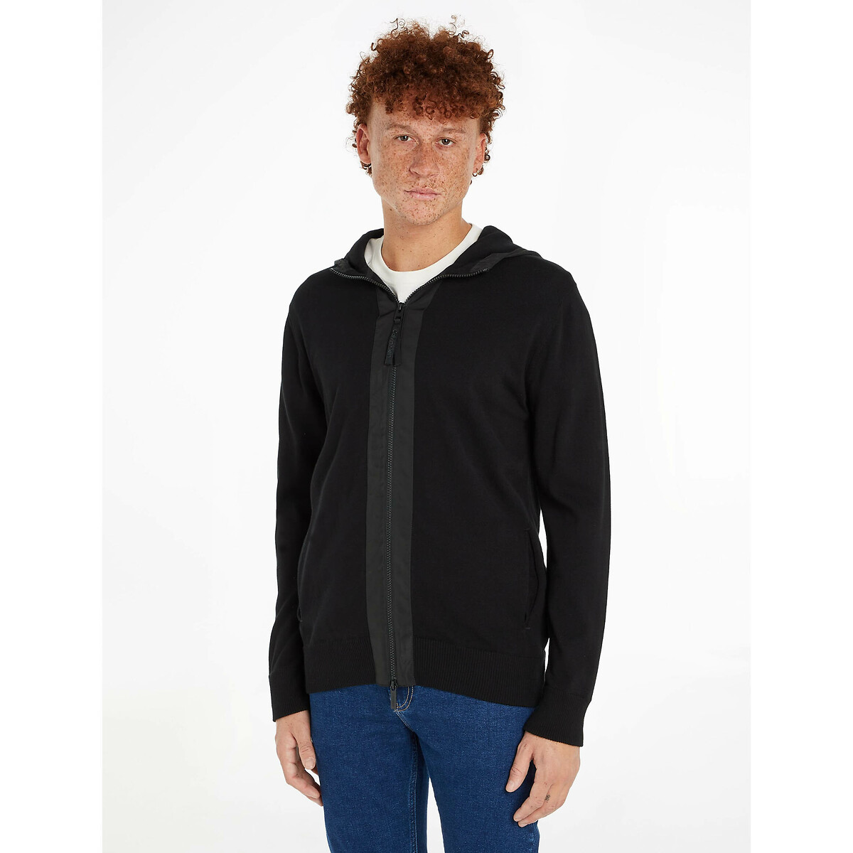 Blouson bi-matière zippé à capuche noir, CALVIN KLEIN