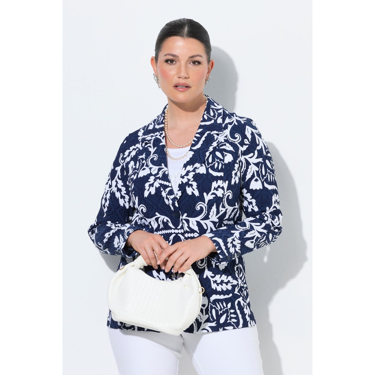 Blazer jacquard avec col à revers marine foncé, ULLA POPKEN