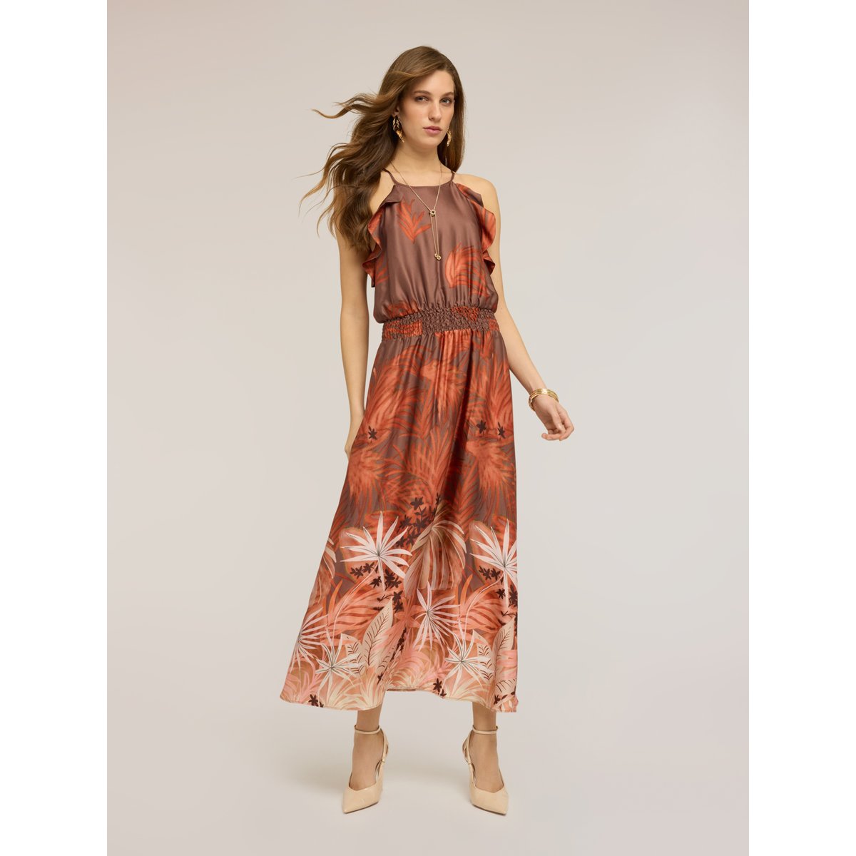 Robe longue imprimée orange soleil, MOTIVI