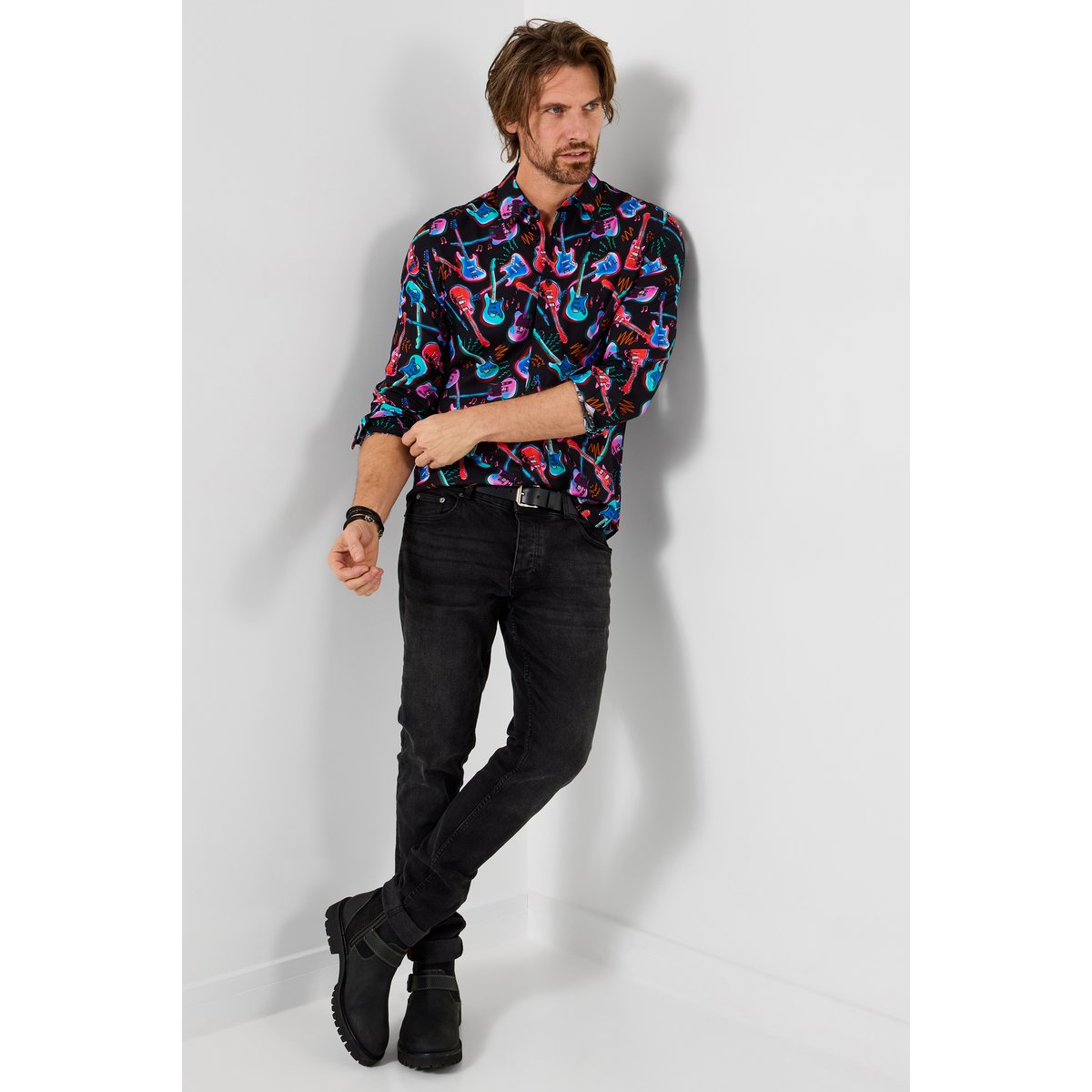 Chemise à manches longues imprimé guitare néon multicolore, JOE BROWNS