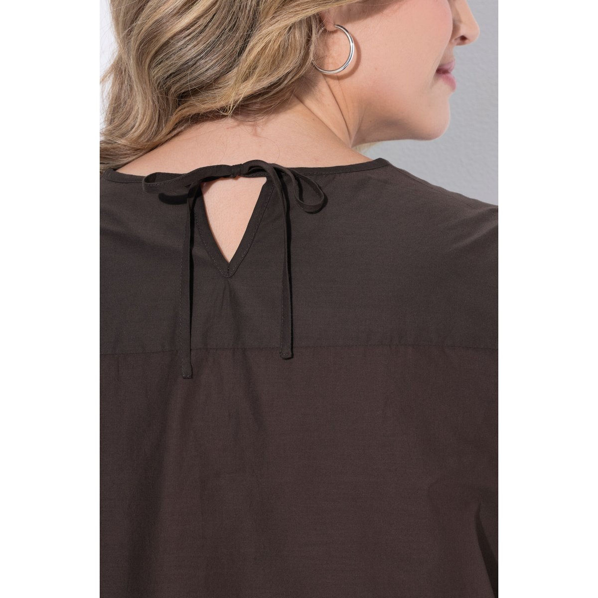 Chemisier brodé, col en V, manches 3/4 noir marron, ULLA POPKEN