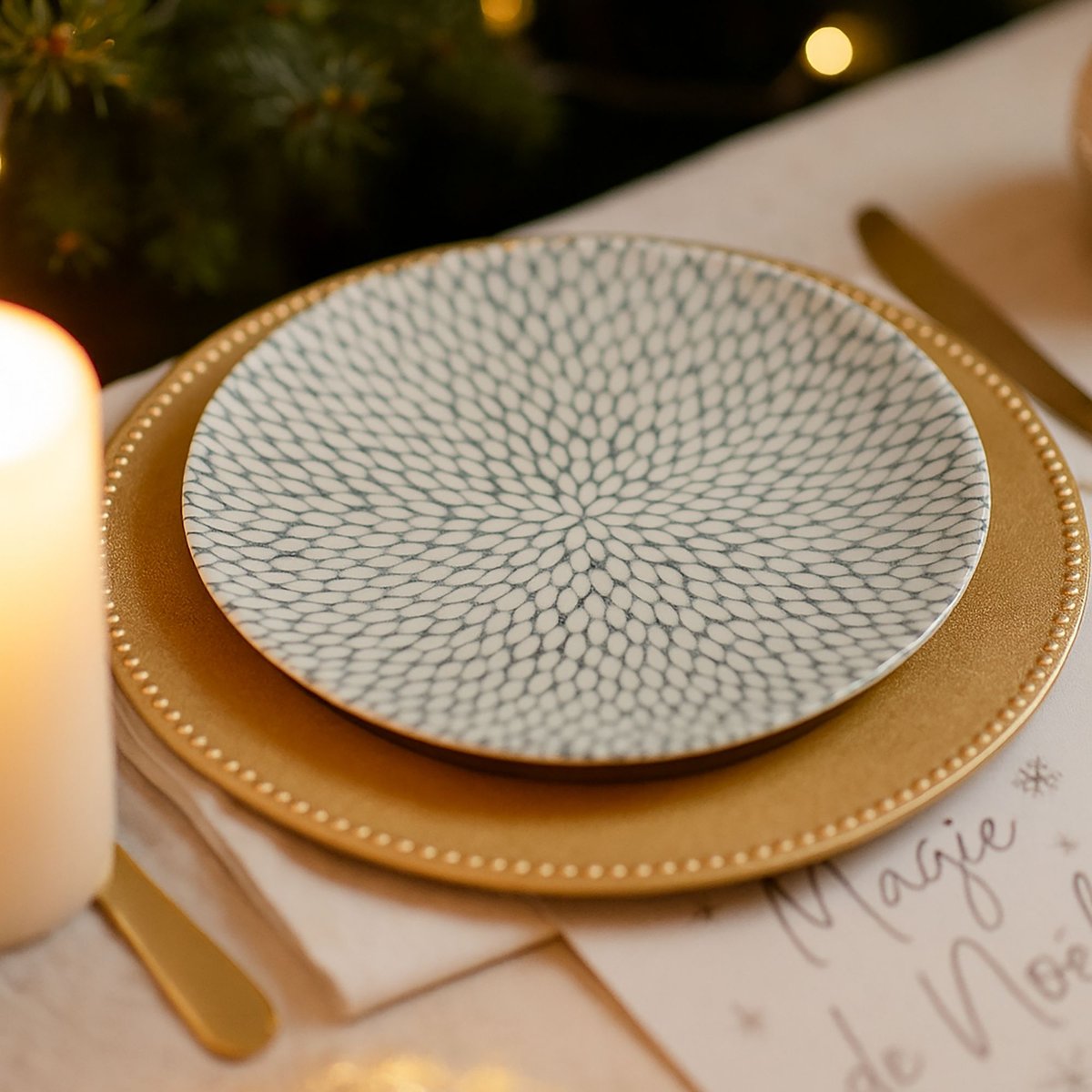 Lot de 6 assiettes plates en porcelaine 27cm, JASMIN blanc-gris, NOVASTYL