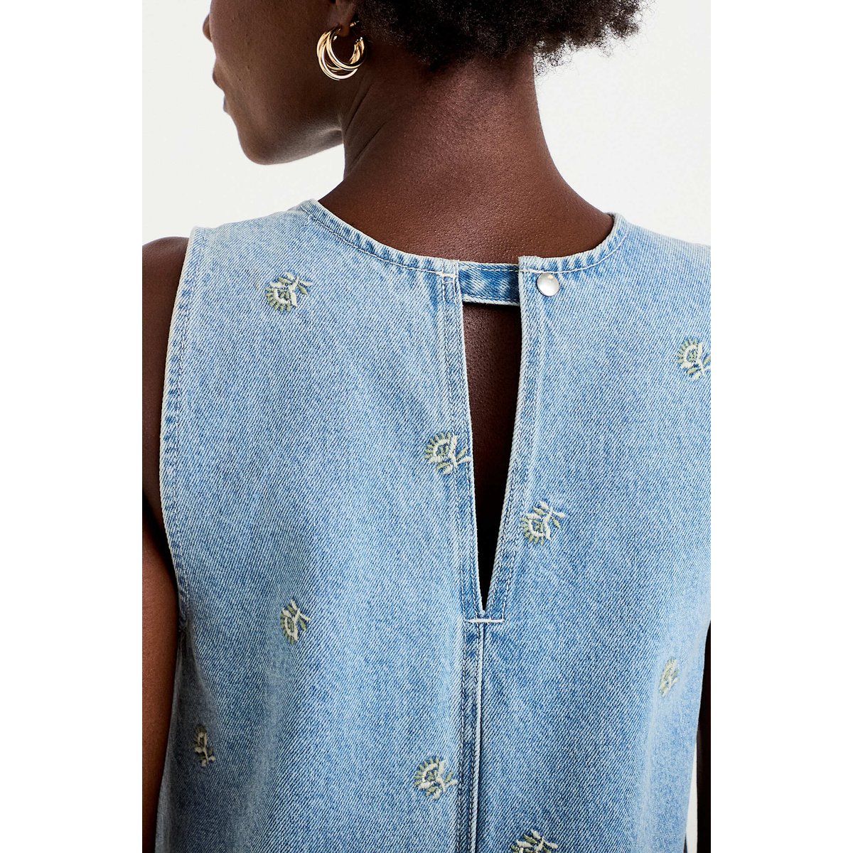 Robe courte évasée en jean sans manches bleu, CACHE CACHE
