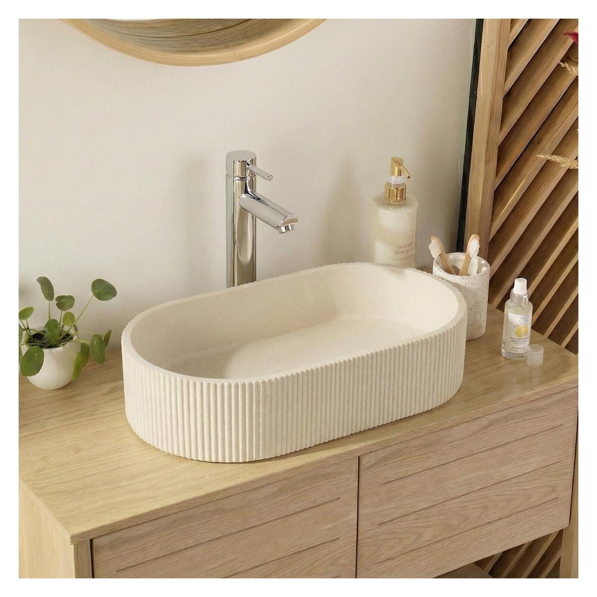 Vasque à poser ovale en béton cannelé beige 37x50cm BALTE v002233, MOB IN