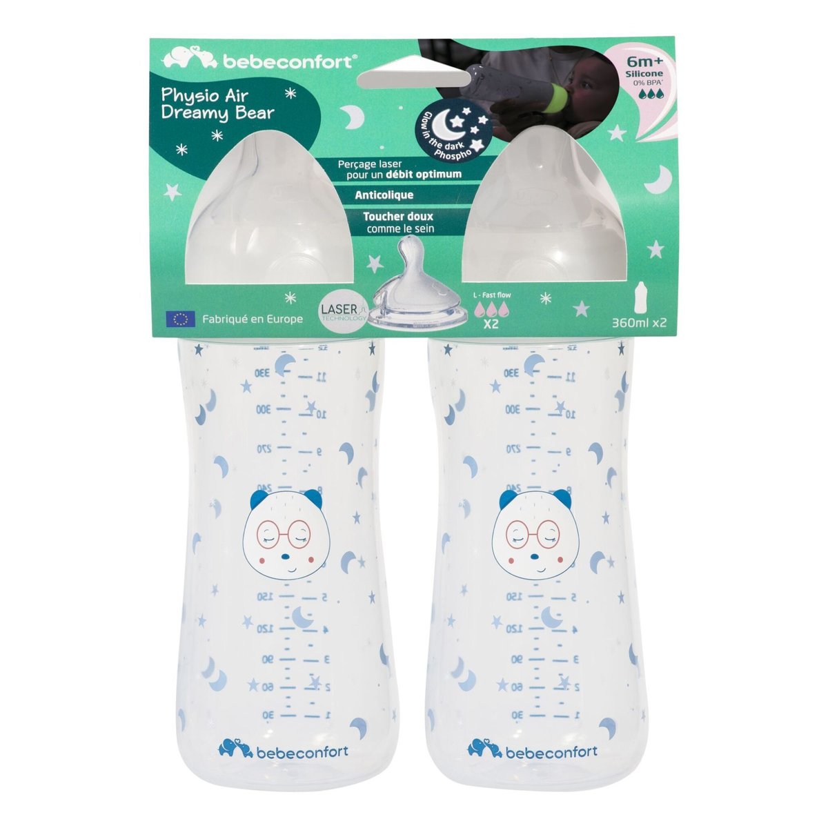 Lot de 2 Biberons anti colique phosphorescent bébé 6 mois couleur unique, BEBECONFORT