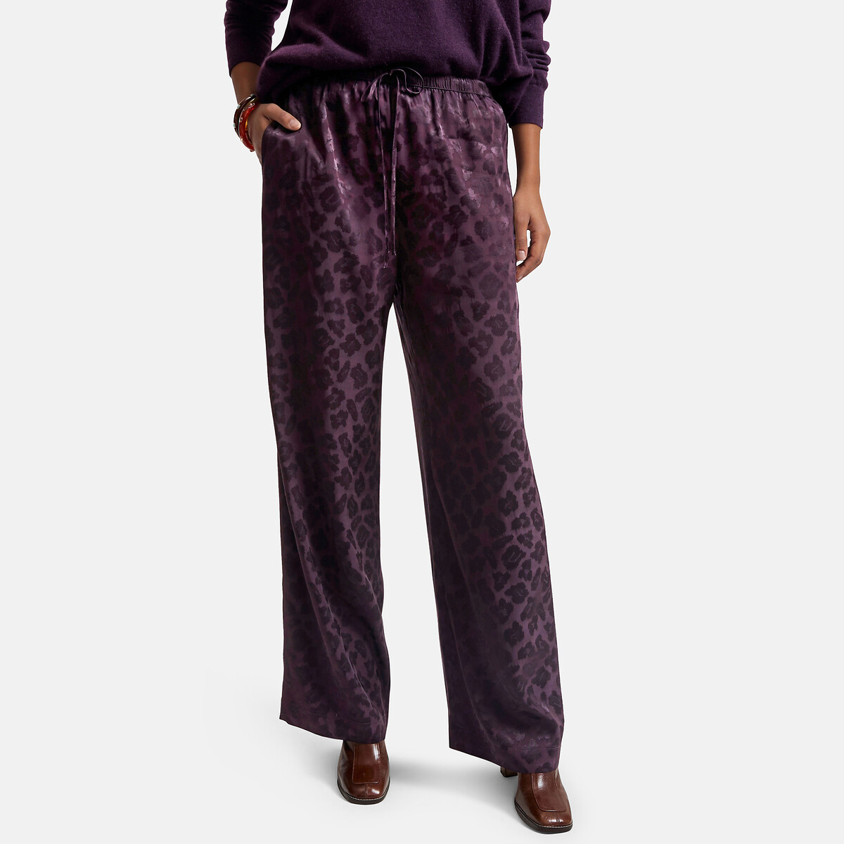 Pantalon large, taille élastiquée, en satin jacquard motif léopard violet, LA REDOUTE COLLECTIONS