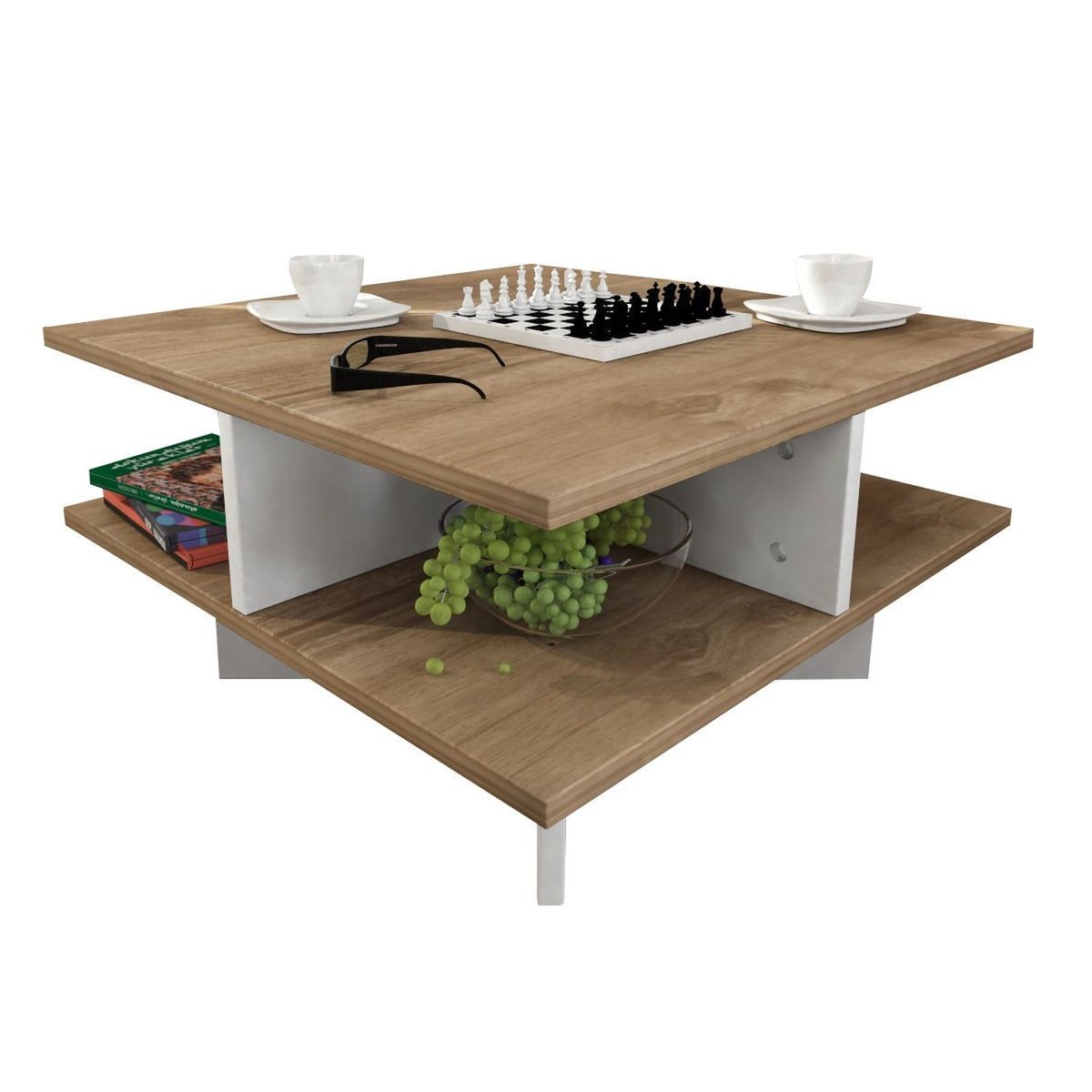 Table basse carré 4 étagères design scandinave HAMTON marron, TOILINUX