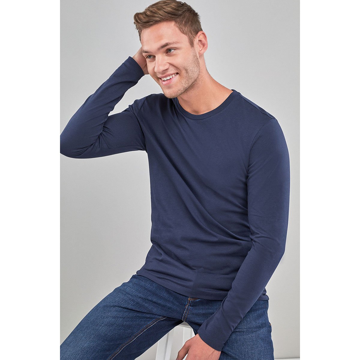 T-shirt Ras De Cou Aux Manches Longues bleu marine, NEXT