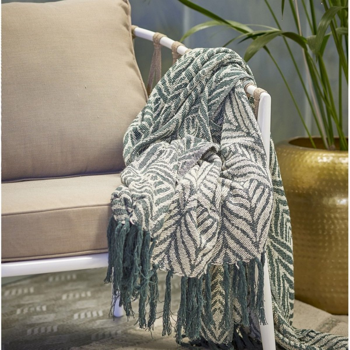 Plaid motif graphique coton recyclé Ugento vert, BLOOMINGVILLE
