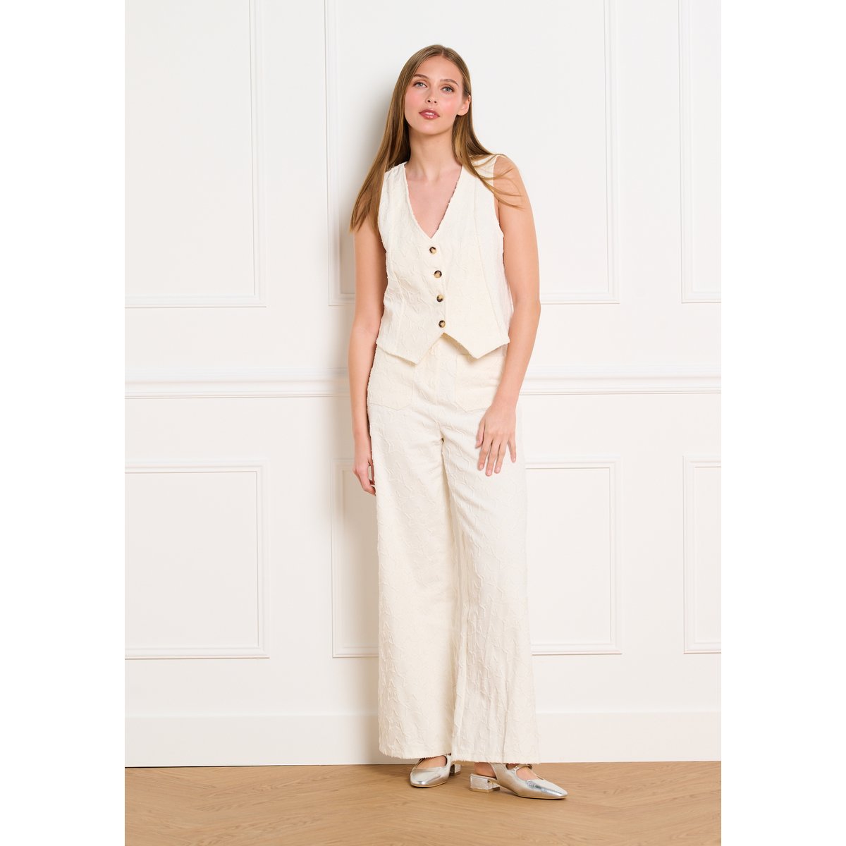 Pantalon large brodé étoiles blanc vanille, LOLALIZA