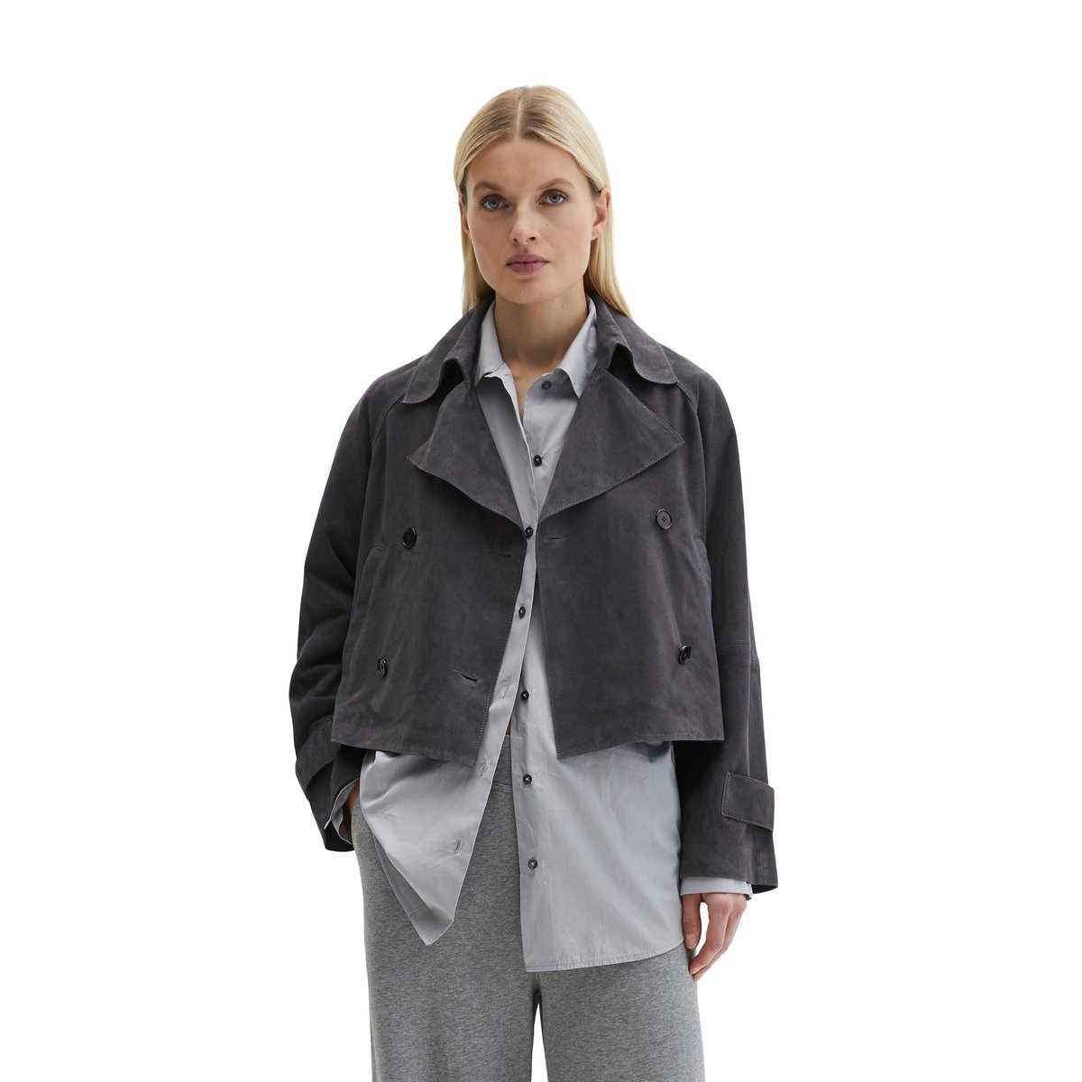 Veste en cuir velours style trench relaxed en cuir de chèvre souple gris foncé, MARC O'POLO