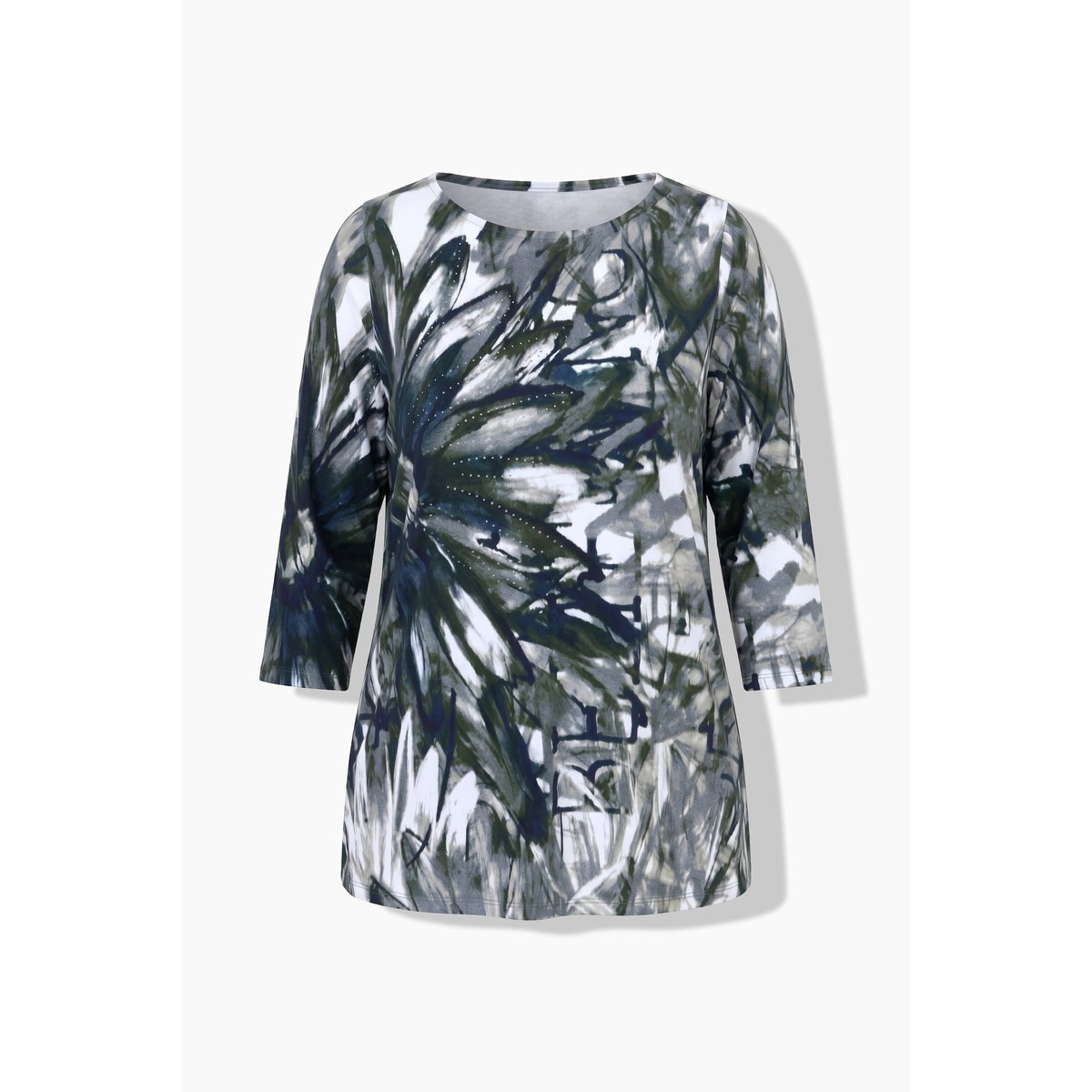 T-shirt en coton Pima. Petits strass. marine foncé, ULLA POPKEN