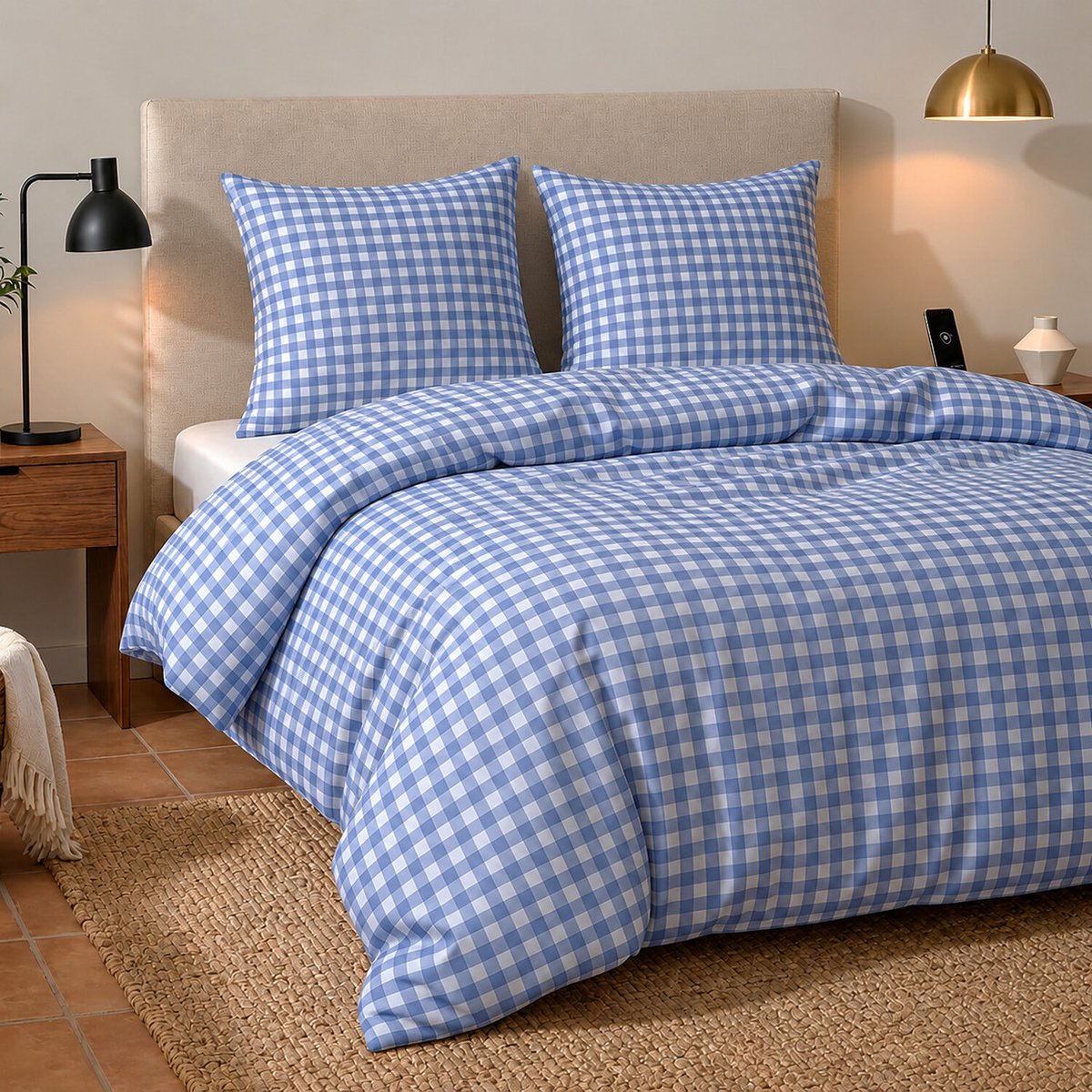 Parure housse de couette imprimée vichy bleu en coton, CELESTIN multicolore, ATELIER DU COTON